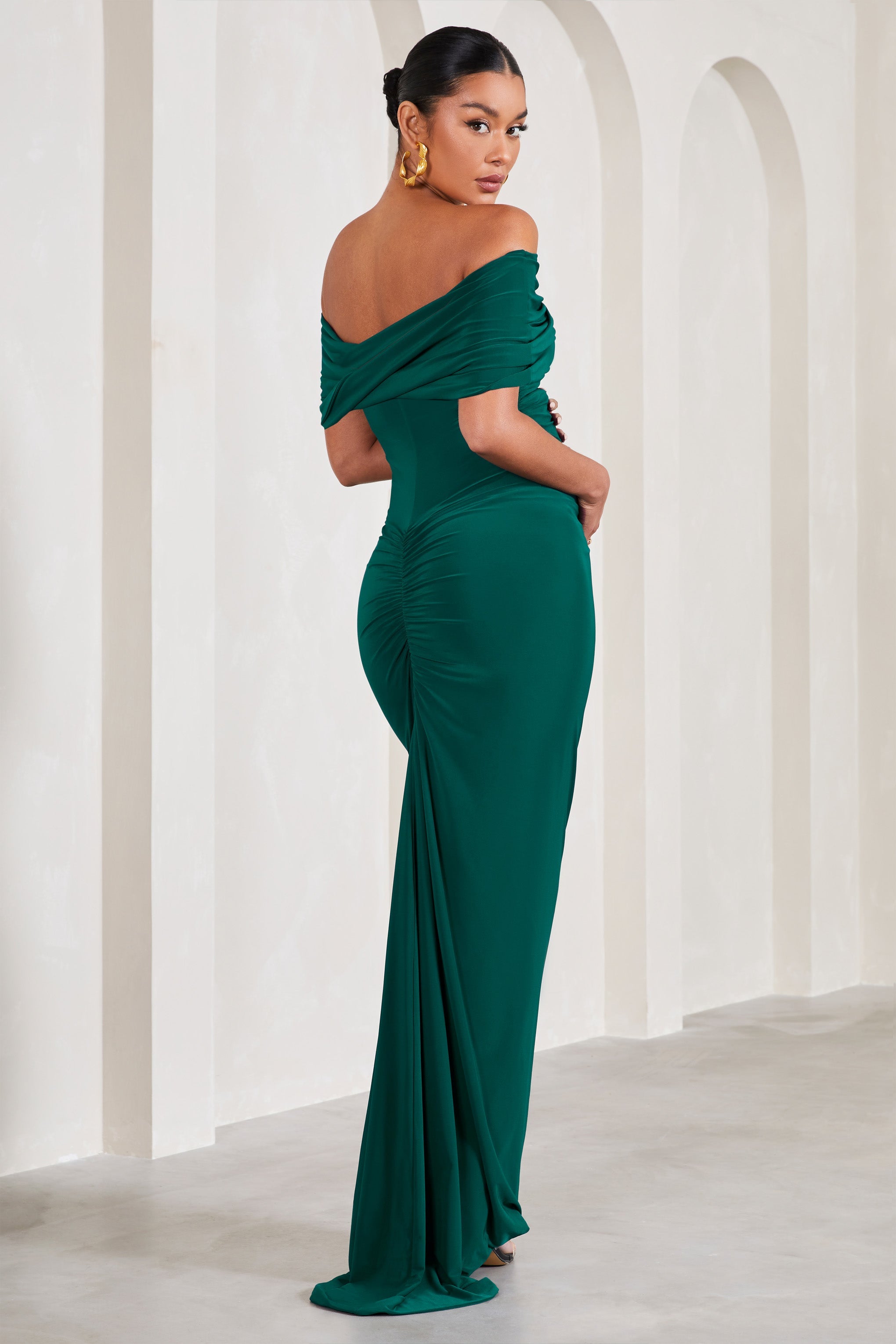 Carmen Bottle Green Bardot Maternity Maxi Dress-Babyboo Dress Store. All Rights Reserved.