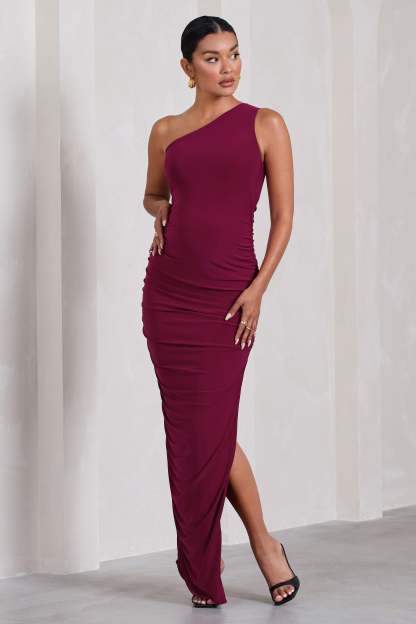 Persia Berry One-Shoulder Side Split Ruched Maternity Maxi Dress-Babyboo Dress Store. All Rights Reserved.