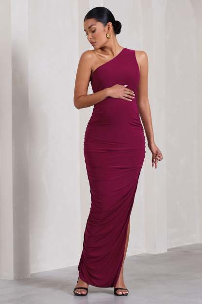 Persia Berry One-Shoulder Side Split Ruched Maternity Maxi Dress-Babyboo Dress Store. All Rights Reserved.