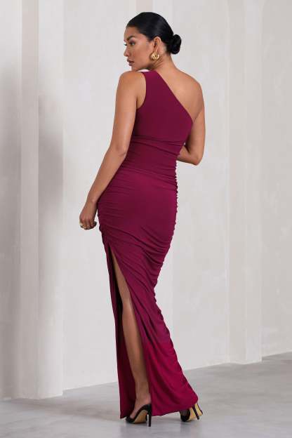 Persia Berry One-Shoulder Side Split Ruched Maternity Maxi Dress-Babyboo Dress Store. All Rights Reserved.