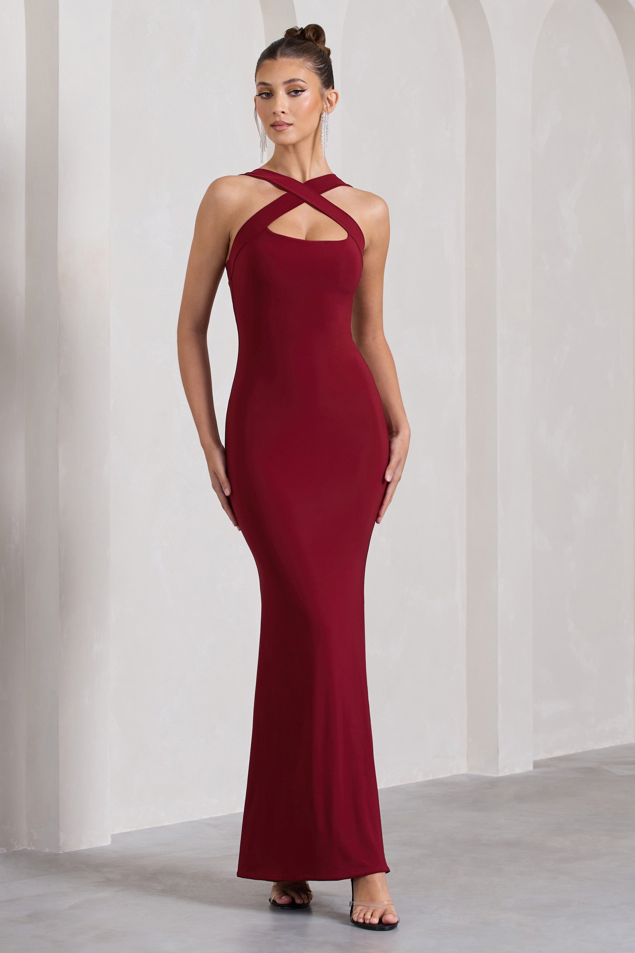 Cross My Heart Berry Red Sleeveless Cross-Neck Maxi Dress-Babyboo Dress Store. All Rights Reserved.