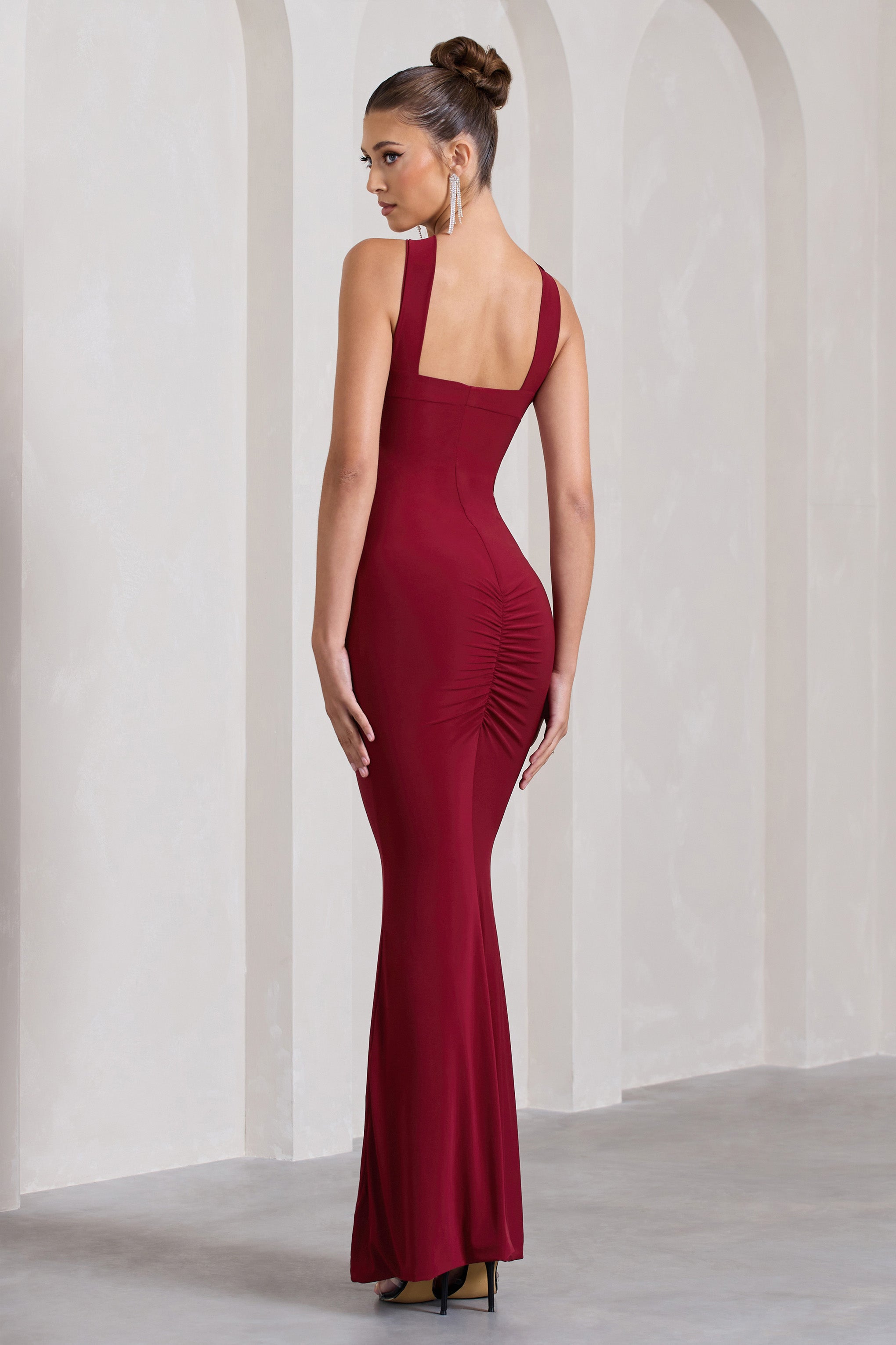 Cross My Heart Berry Red Sleeveless Cross-Neck Maxi Dress-Babyboo Dress Store. All Rights Reserved.