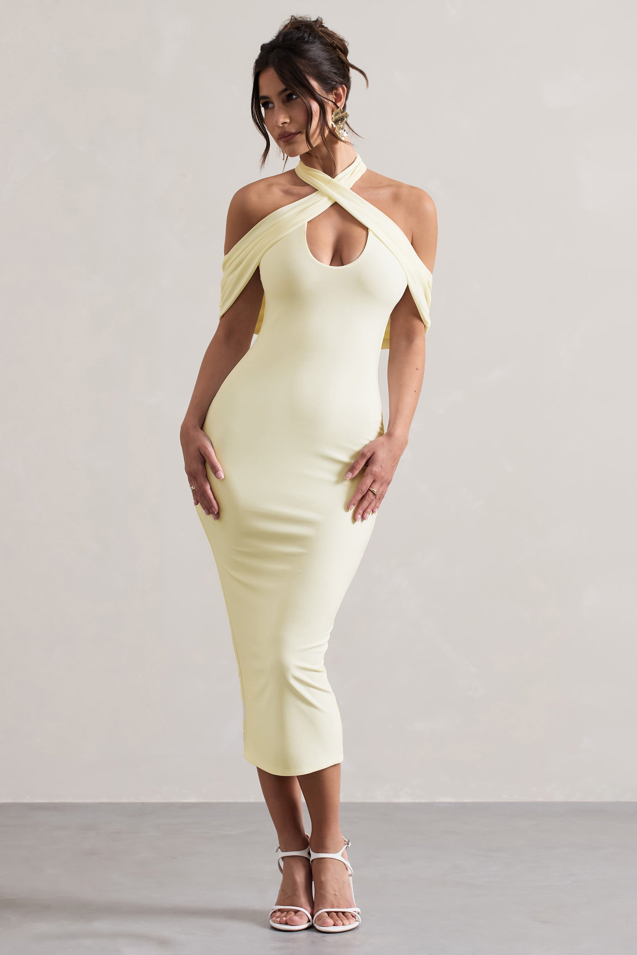 Connect Cream Bodycon Halter-Neck Midi Dress With Cut-Out-Babyboo Dress Store. All Rights Reserved.