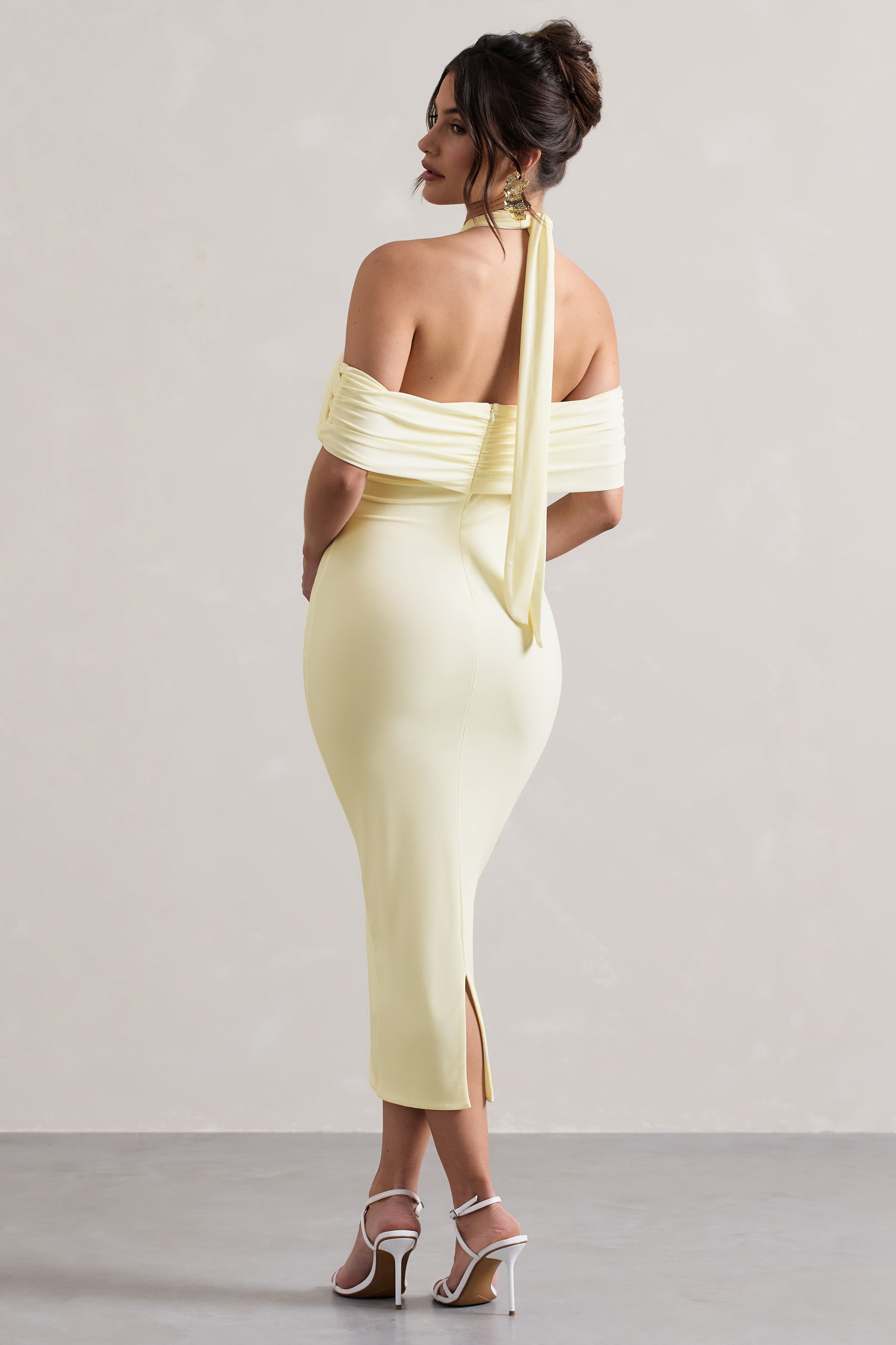 Connect Cream Bodycon Halter-Neck Midi Dress With Cut-Out-Babyboo Dress Store. All Rights Reserved.