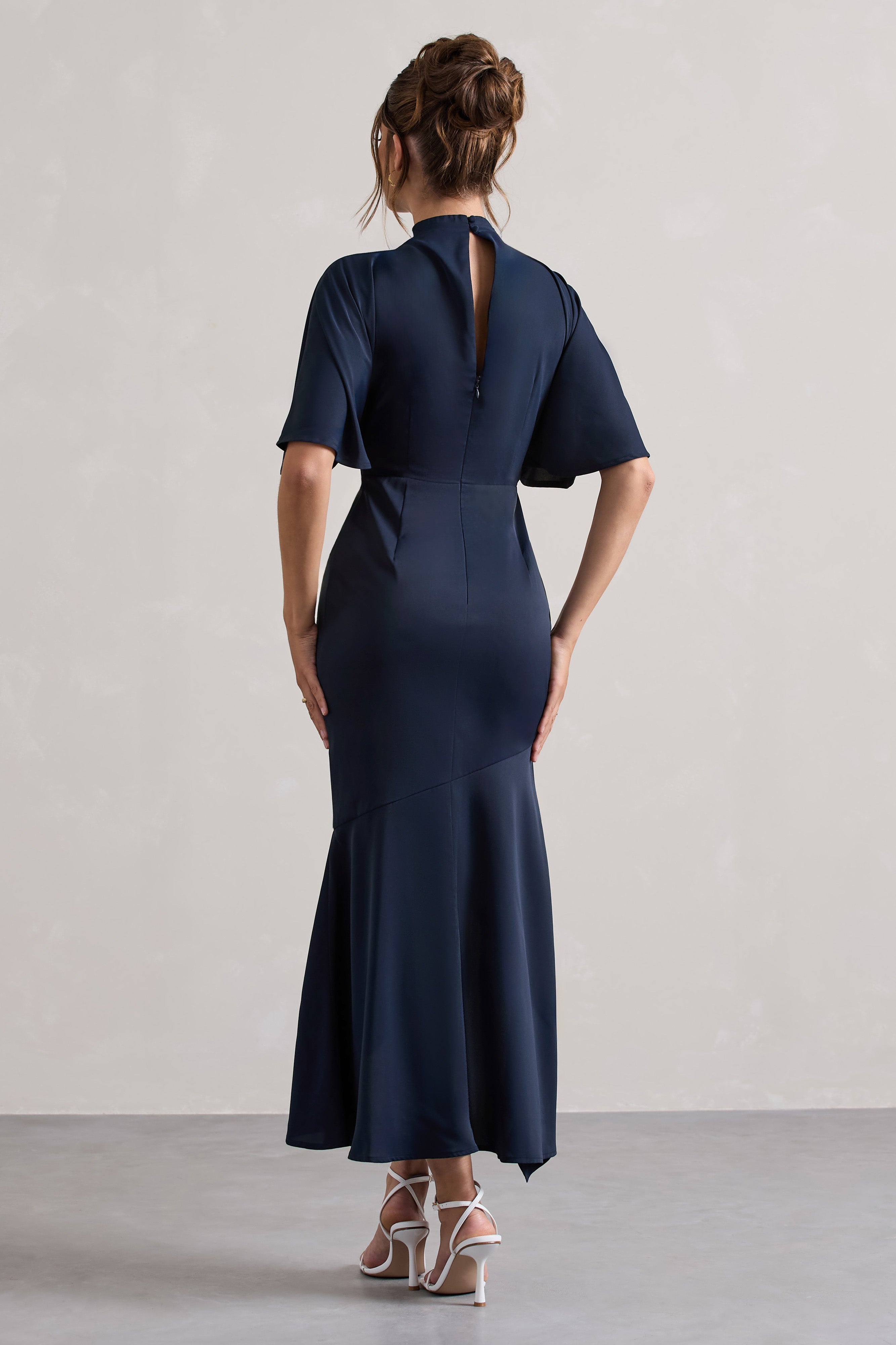 Navy High-Neck Flutter-Sleeve Asymmetric Maxi Dress