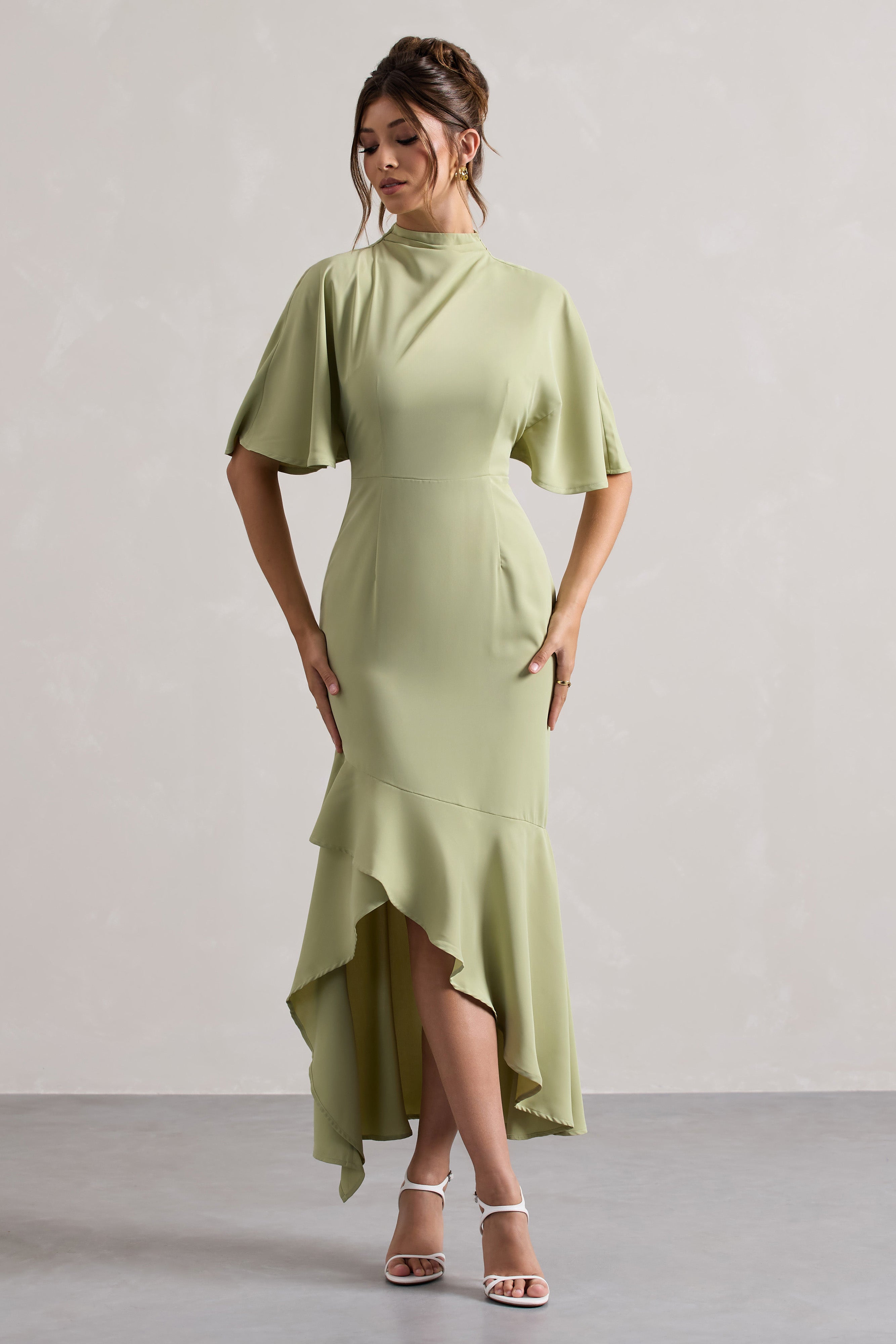 Sage High-Neck Flutter-Sleeve Asymmetric Maxi Dress