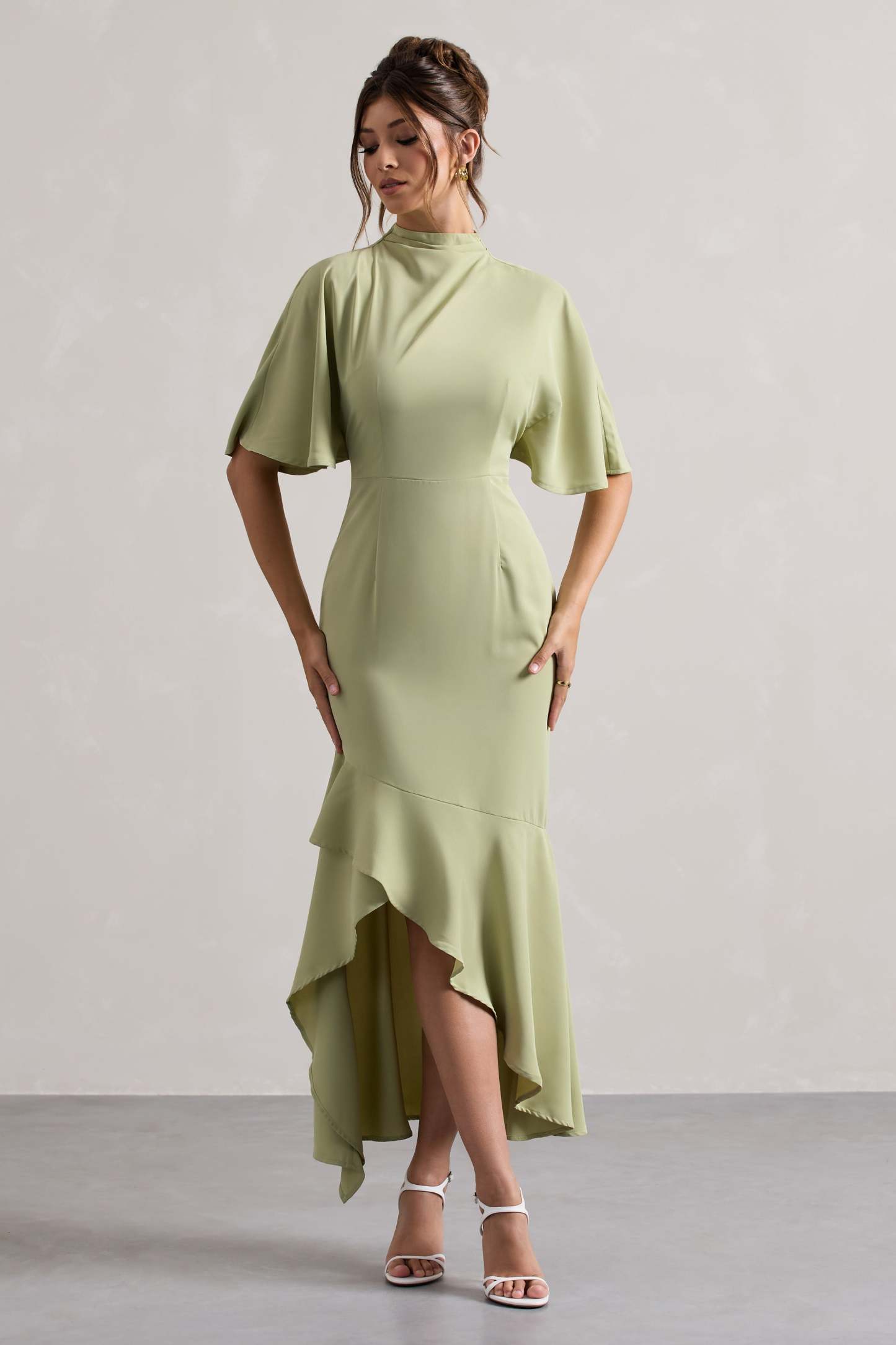 Sage High-Neck Flutter-Sleeve Asymmetric Maxi Dress