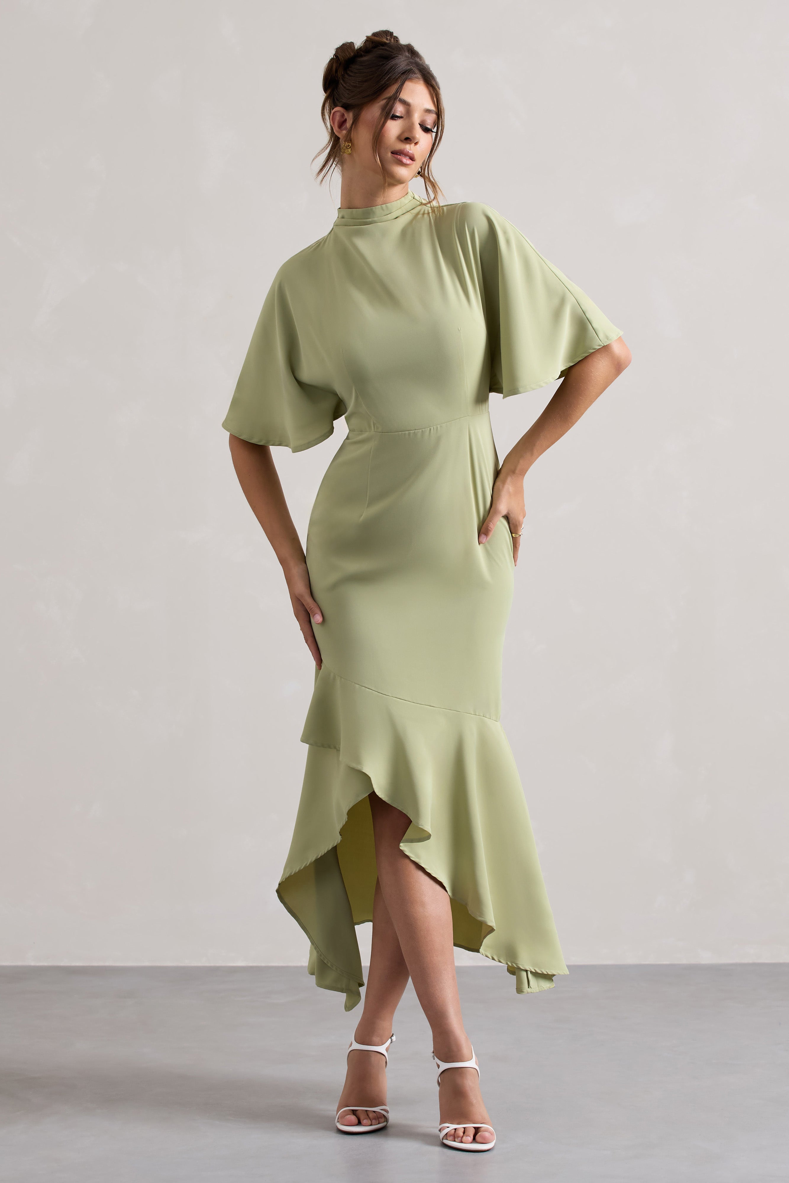 Sage High-Neck Flutter-Sleeve Asymmetric Maxi Dress