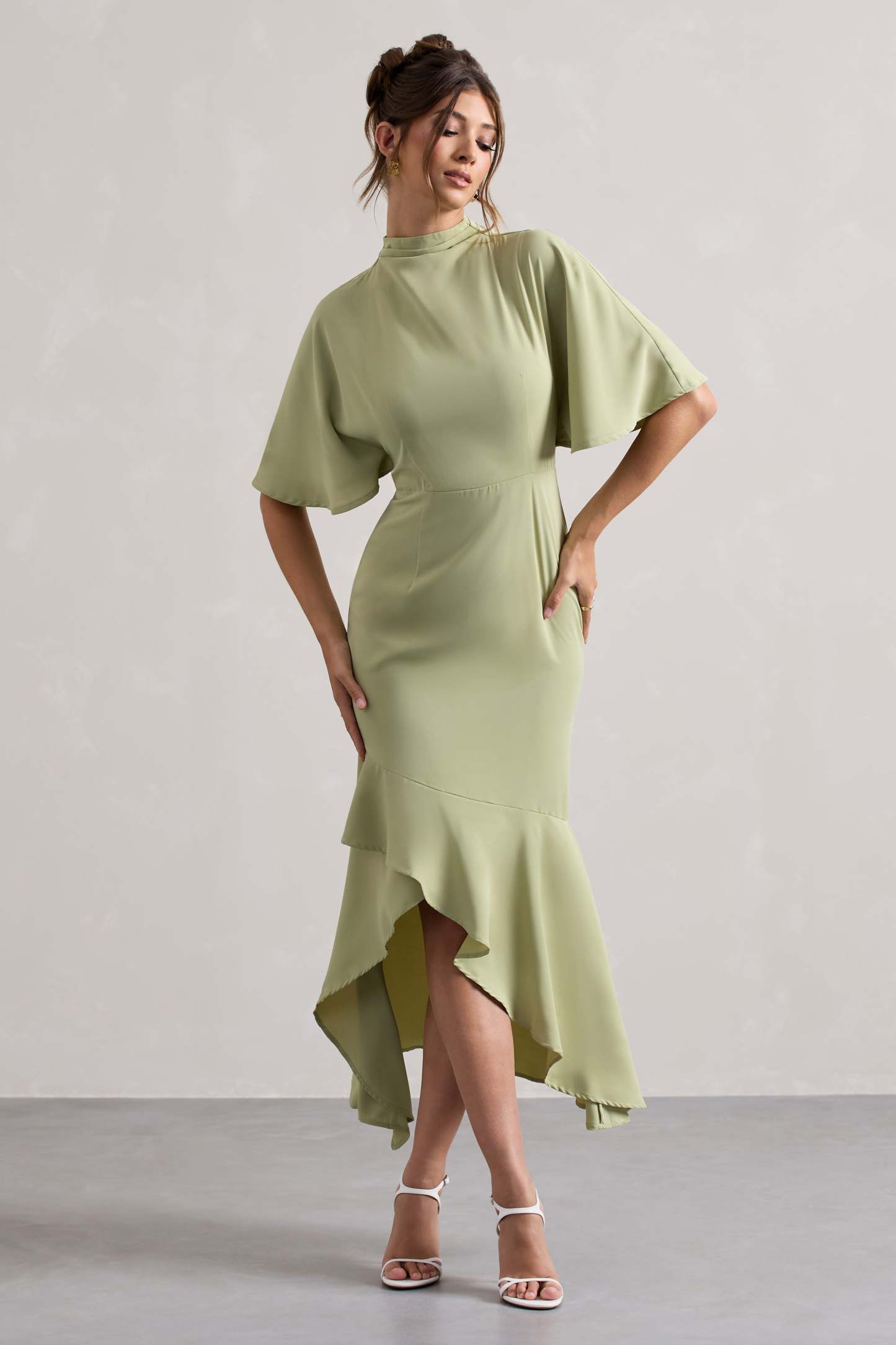 Sage High-Neck Flutter-Sleeve Asymmetric Maxi Dress