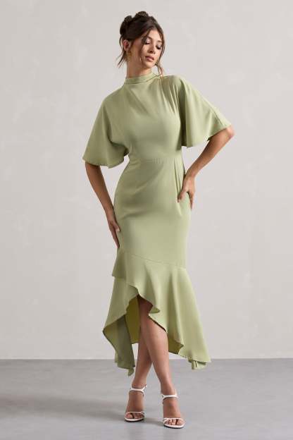 Sage High-Neck Flutter-Sleeve Asymmetric Maxi Dress
