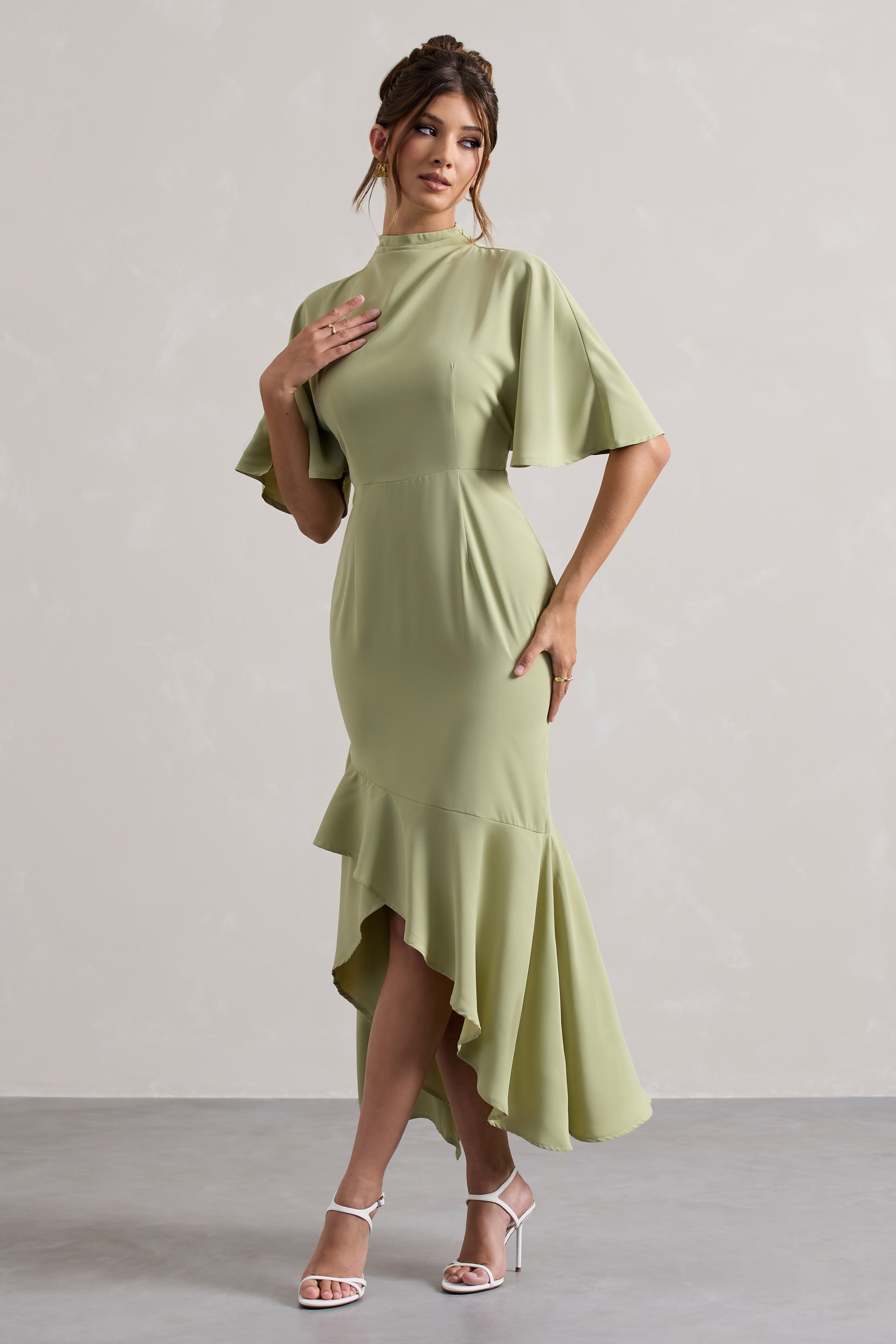 Sage High-Neck Flutter-Sleeve Asymmetric Maxi Dress