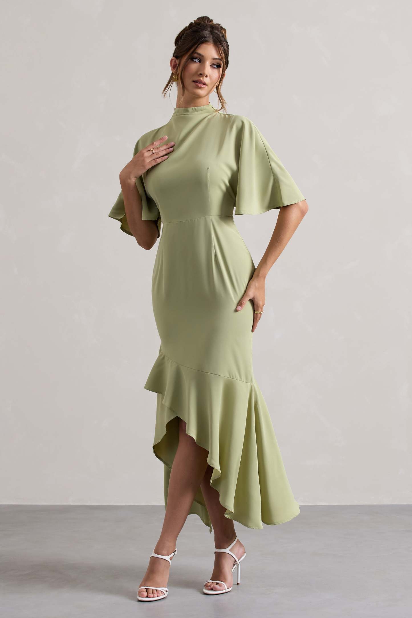Sage High-Neck Flutter-Sleeve Asymmetric Maxi Dress