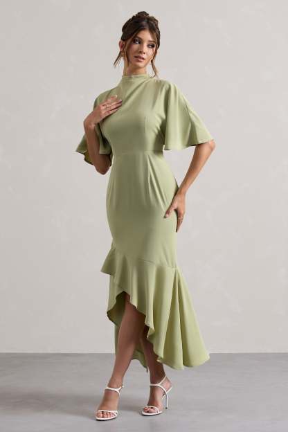 Sage High-Neck Flutter-Sleeve Asymmetric Maxi Dress