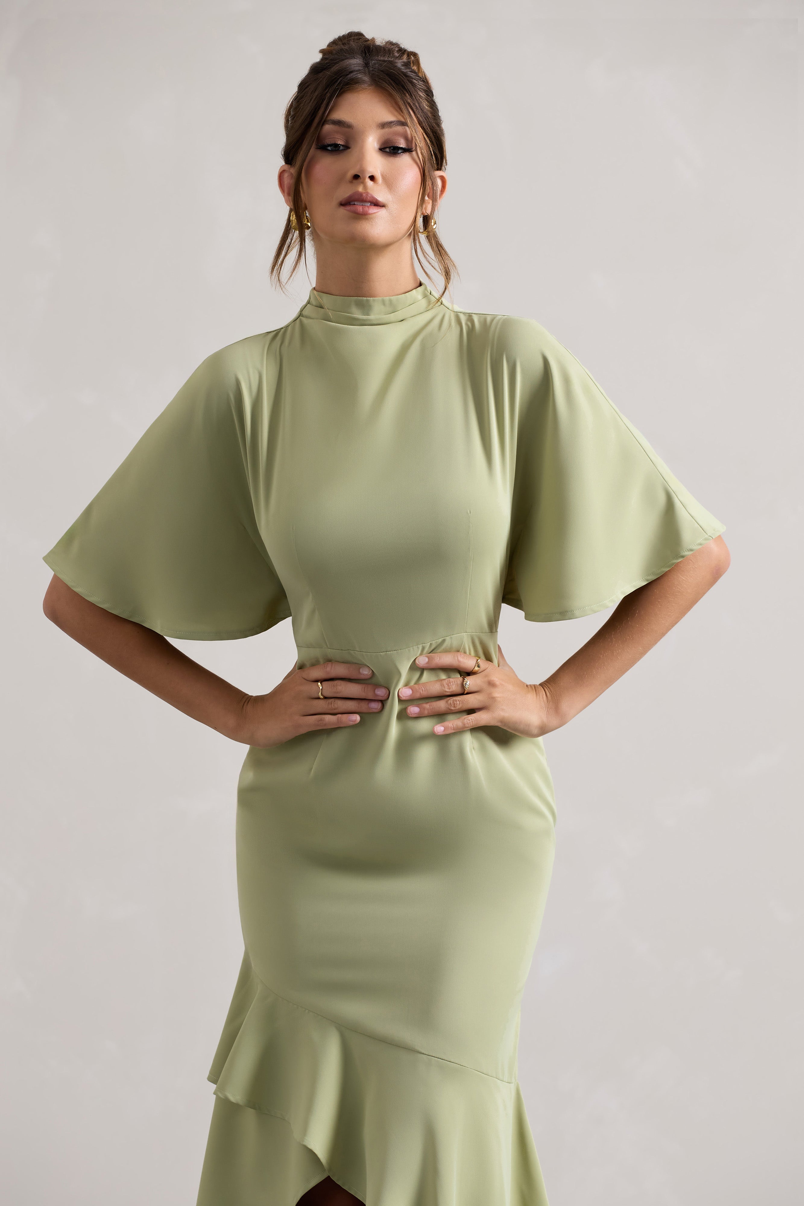 Sage High-Neck Flutter-Sleeve Asymmetric Maxi Dress