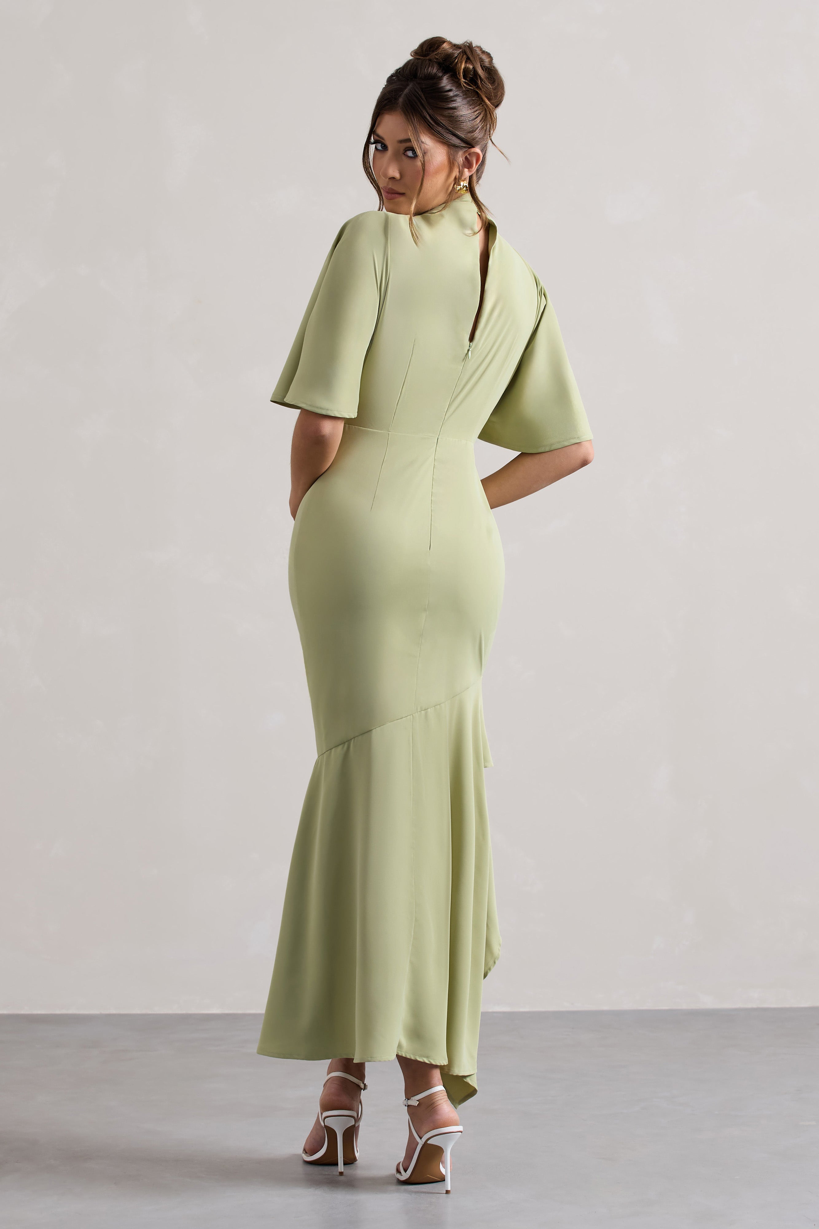 Sage High-Neck Flutter-Sleeve Asymmetric Maxi Dress