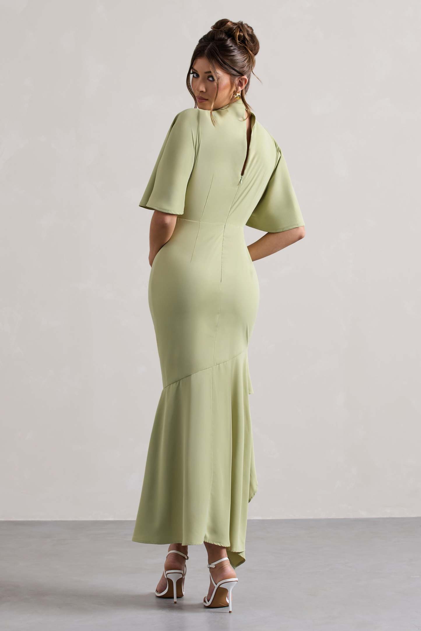Sage High-Neck Flutter-Sleeve Asymmetric Maxi Dress