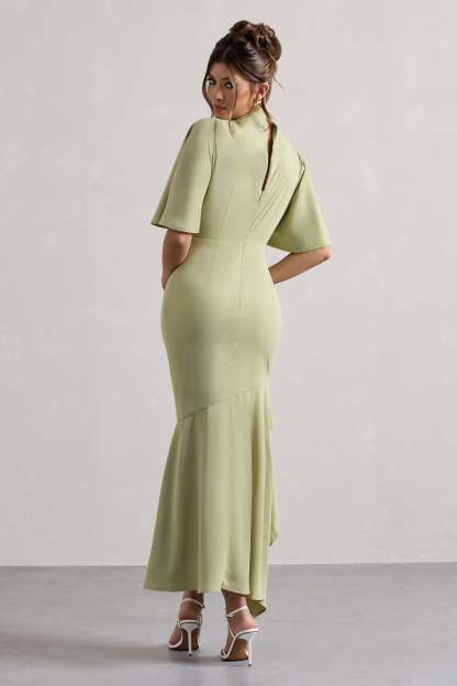 Sage High-Neck Flutter-Sleeve Asymmetric Maxi Dress