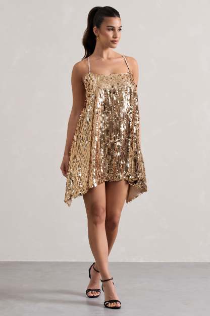 Nevada Gold Embellished Strappy Halter-Neck Mini Dress-Babyboo Dress Store. All Rights Reserved.