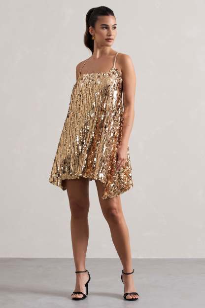 Nevada Gold Embellished Strappy Halter-Neck Mini Dress-Babyboo Dress Store. All Rights Reserved.