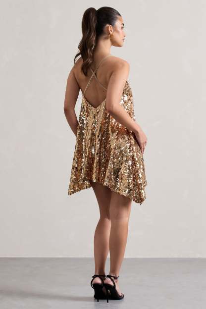 Nevada Gold Embellished Strappy Halter-Neck Mini Dress-Babyboo Dress Store. All Rights Reserved.