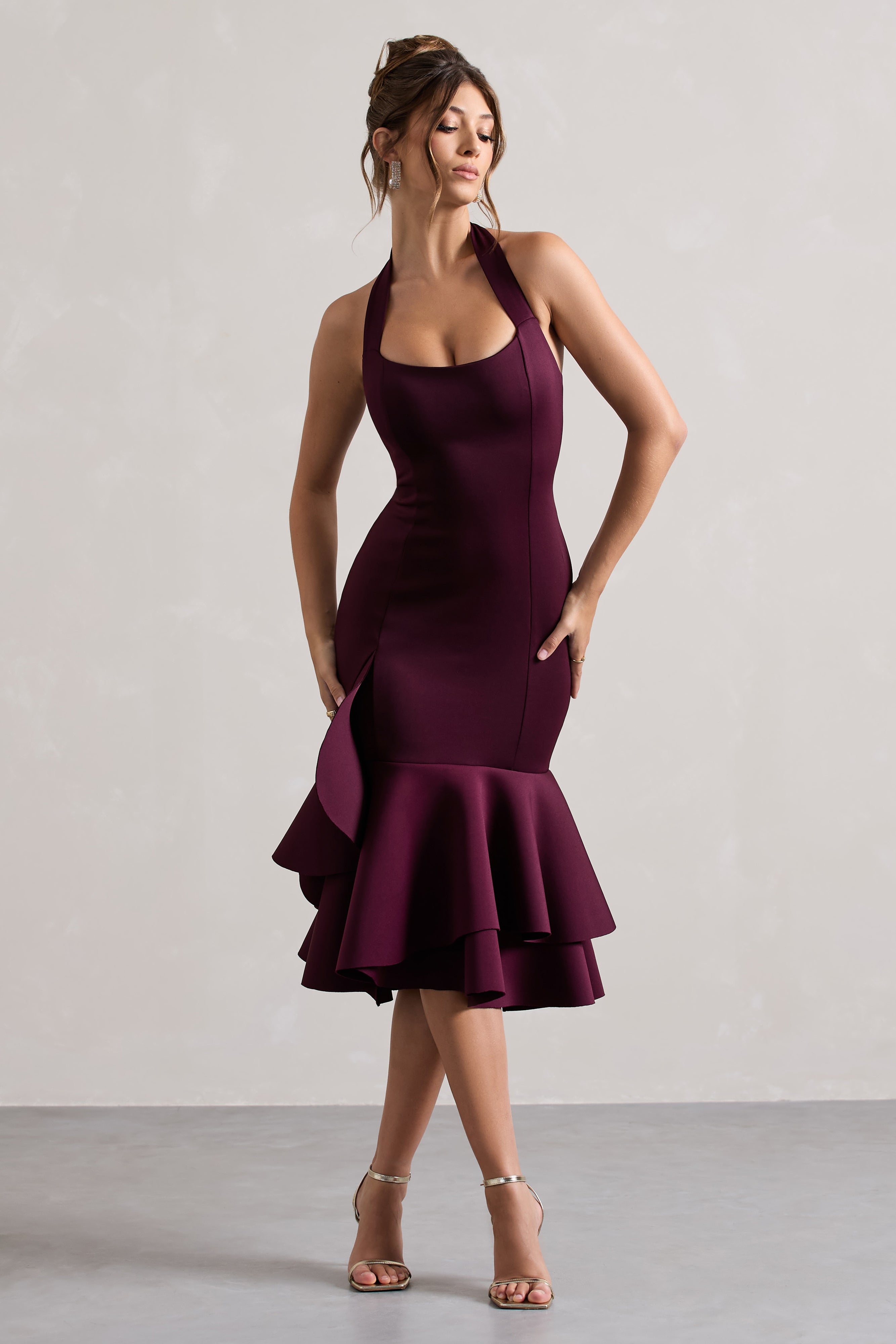 Plum Halter-Neck Ruffle Trim Midi Dress