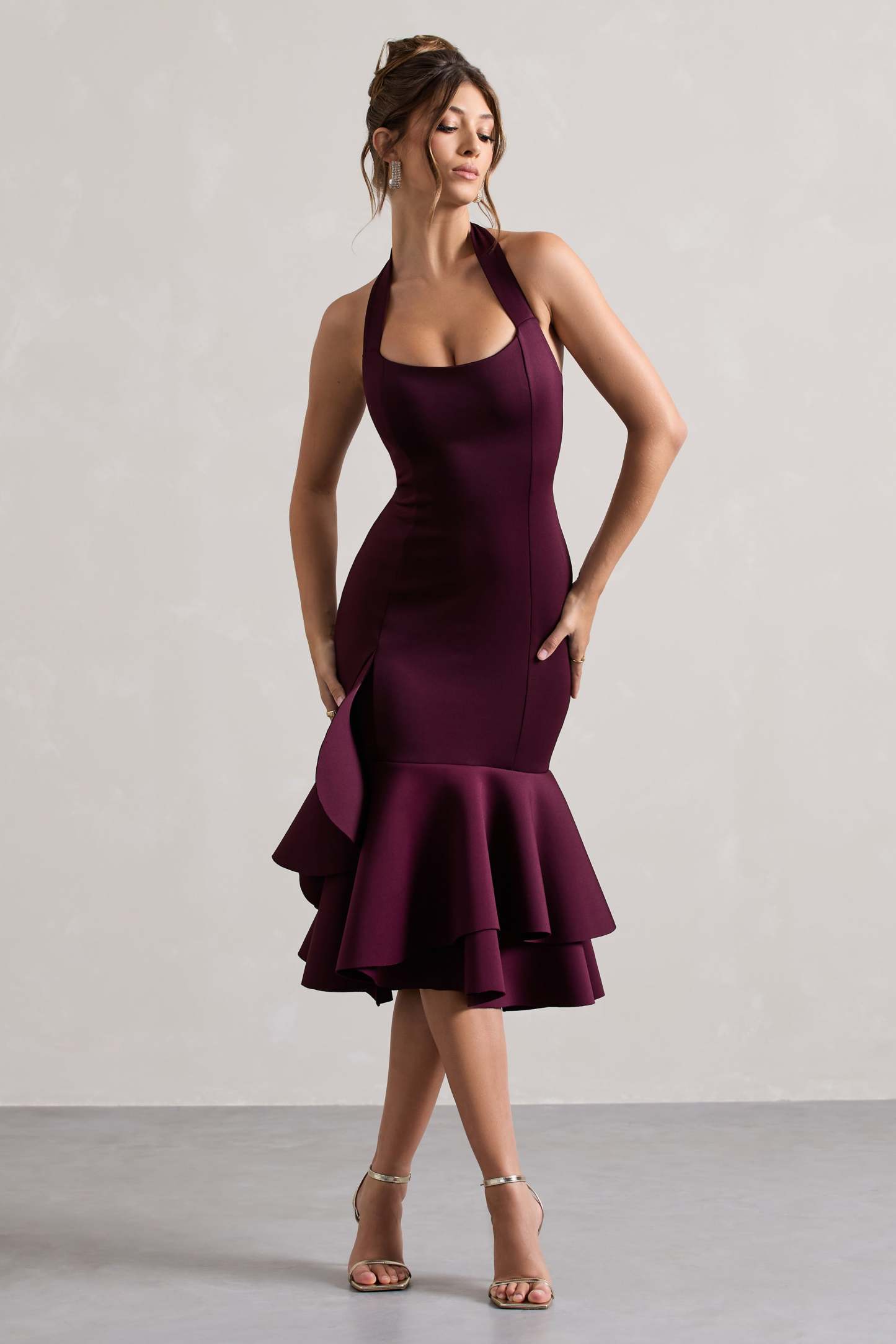 Plum Halter-Neck Ruffle Trim Midi Dress