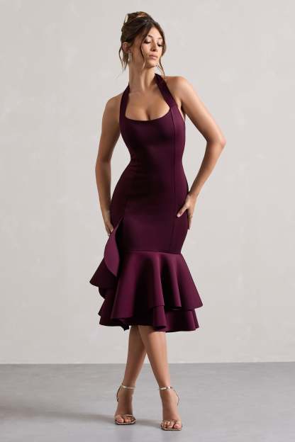 Plum Halter-Neck Ruffle Trim Midi Dress