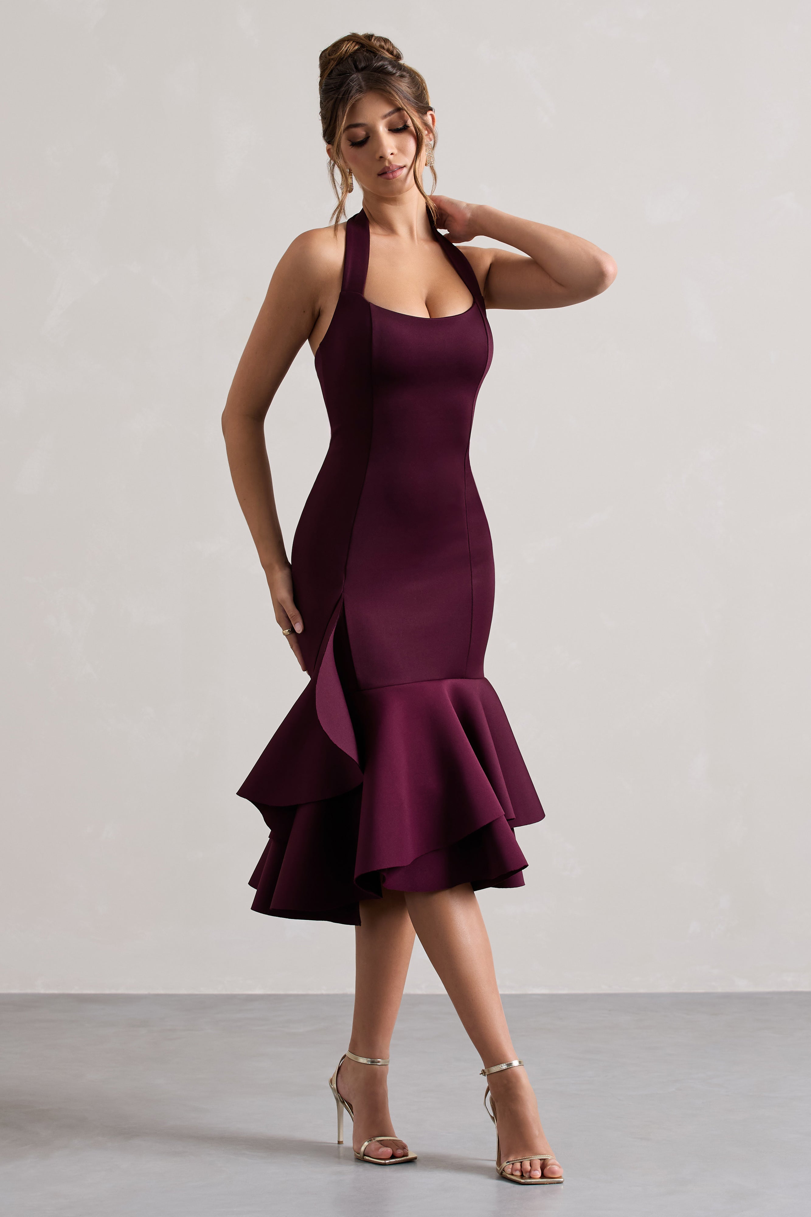 Plum Halter-Neck Ruffle Trim Midi Dress