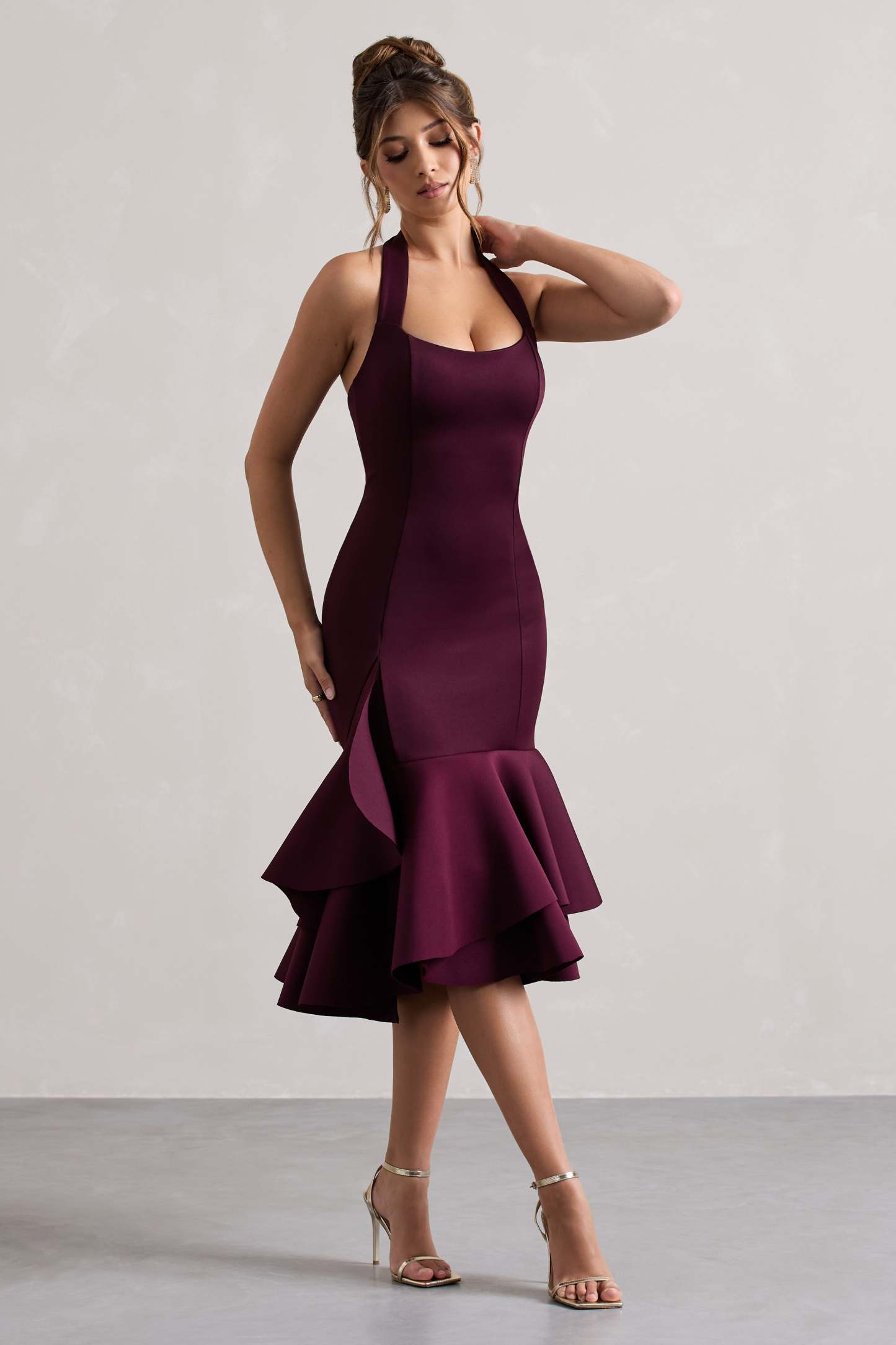 Plum Halter-Neck Ruffle Trim Midi Dress