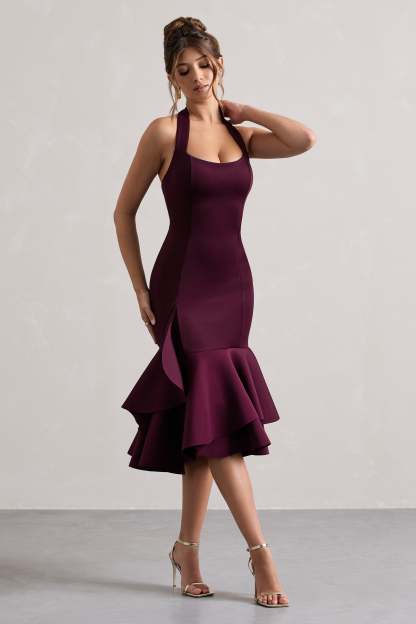Plum Halter-Neck Ruffle Trim Midi Dress