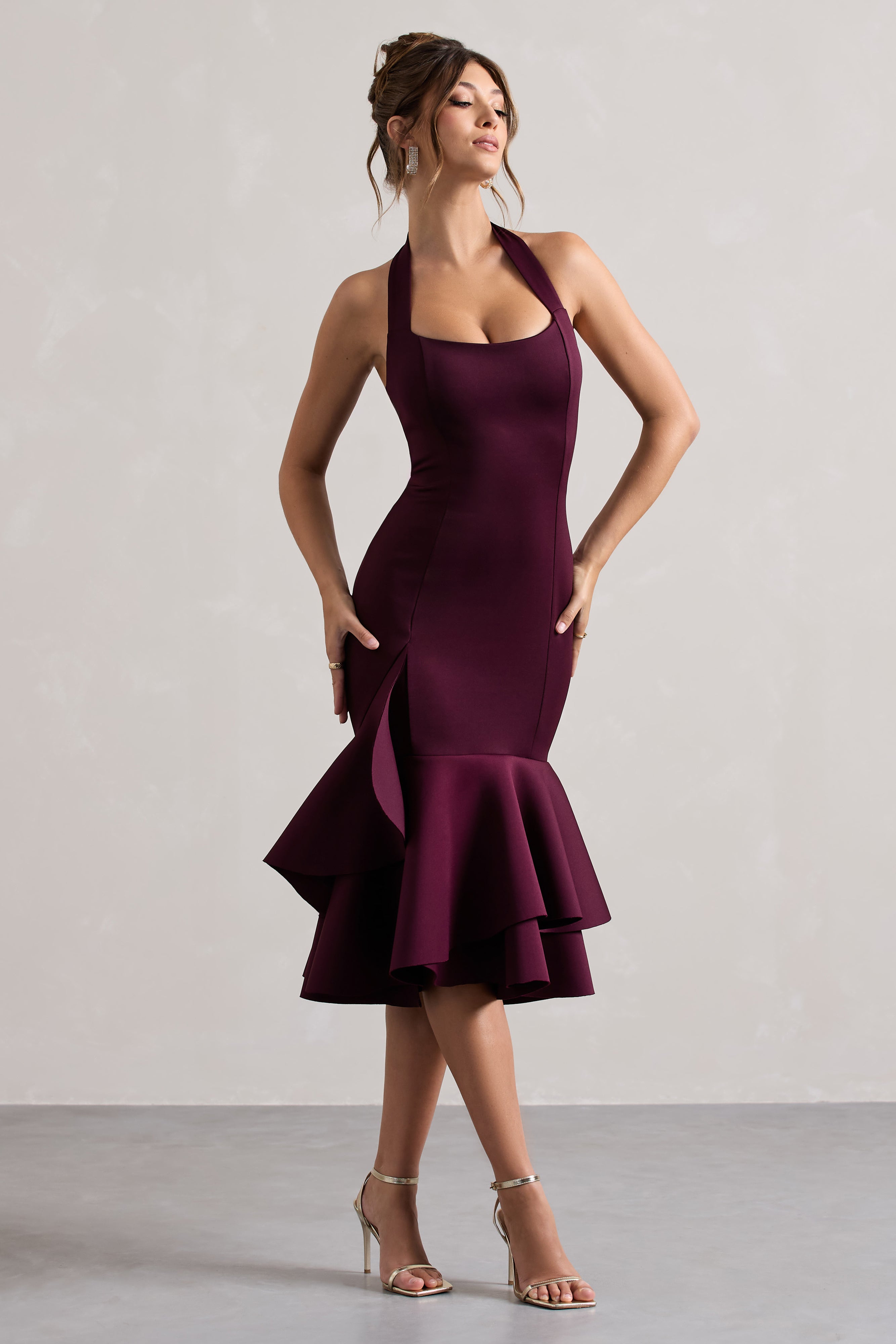 Plum Halter-Neck Ruffle Trim Midi Dress