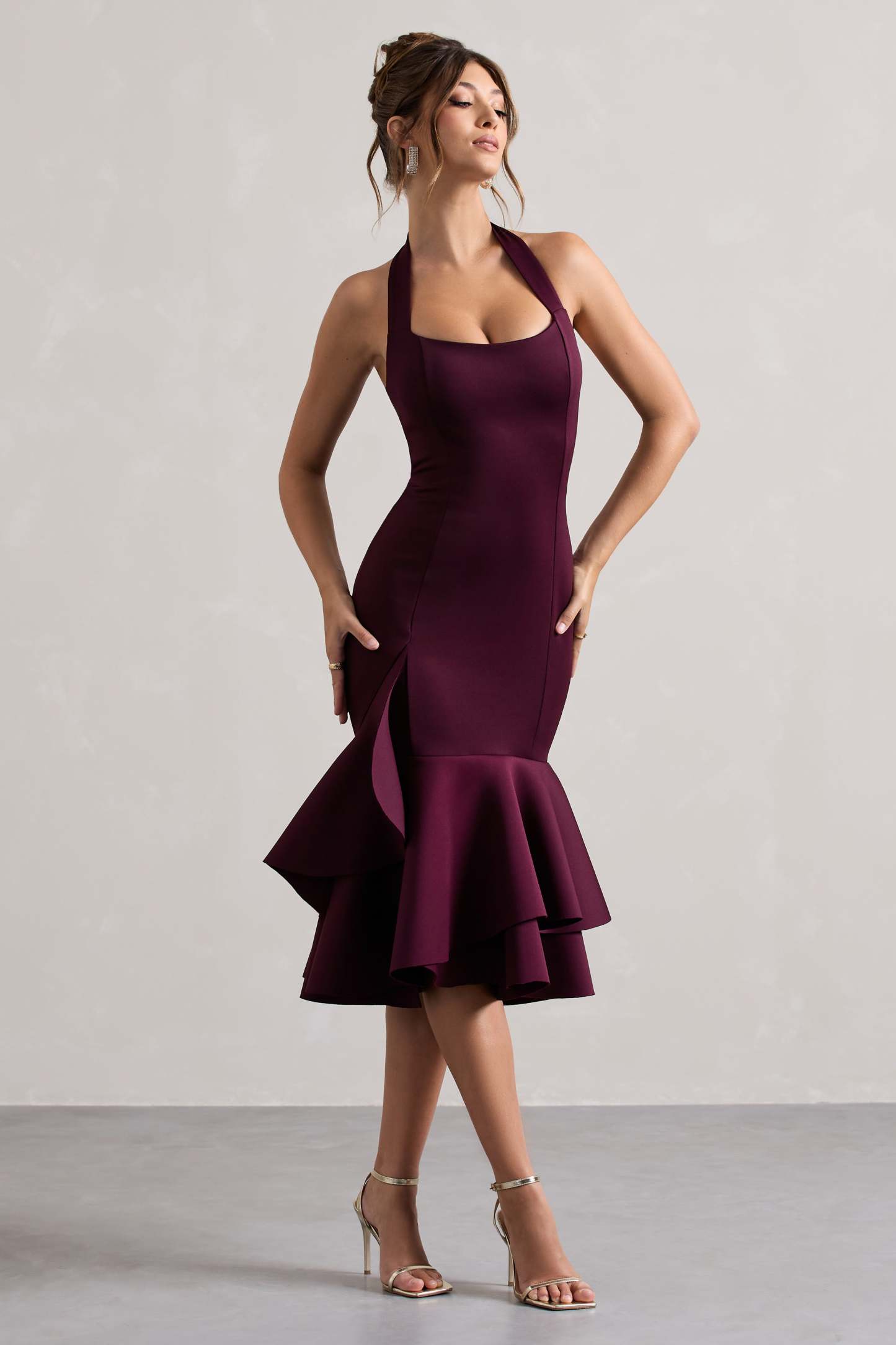 Plum Halter-Neck Ruffle Trim Midi Dress