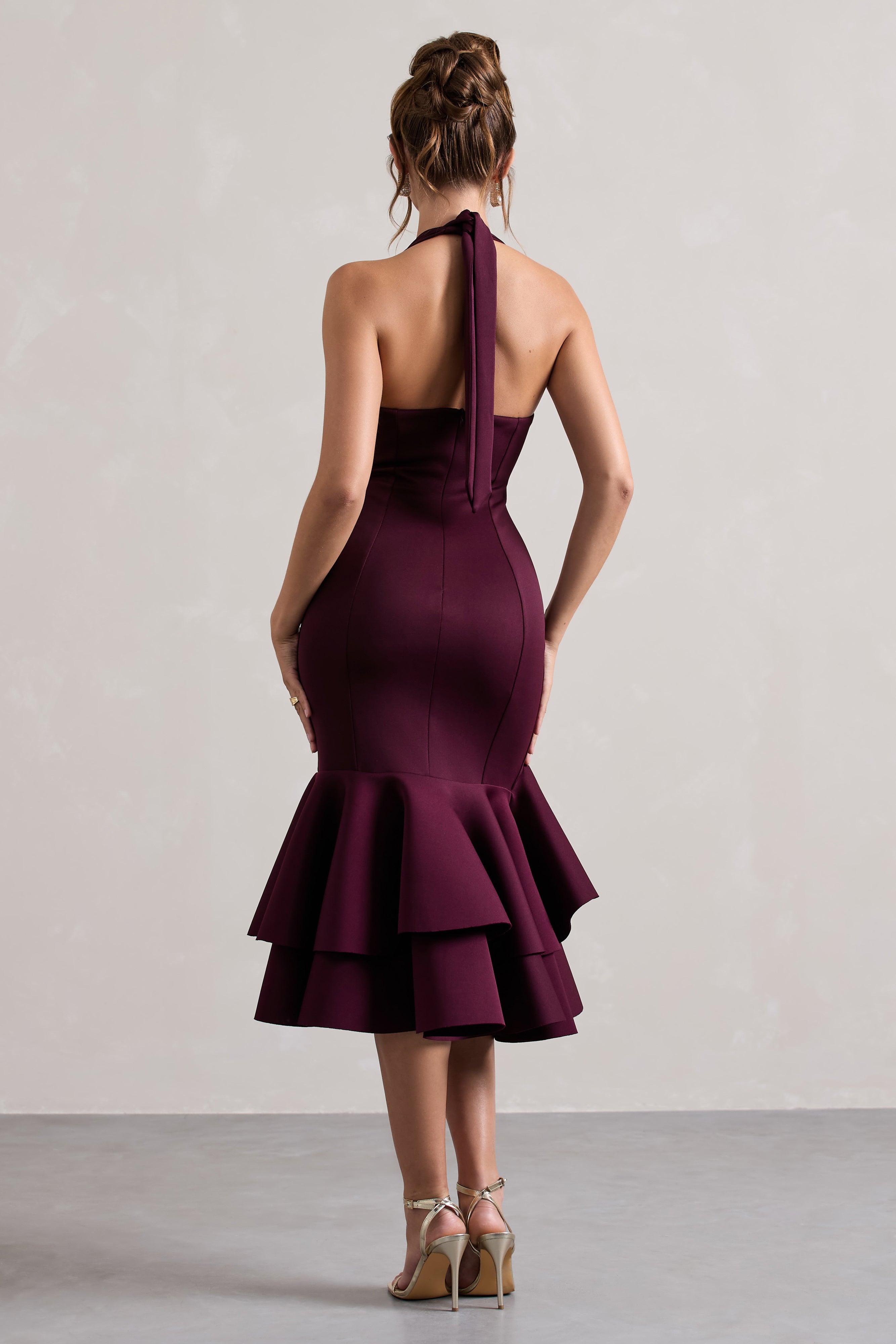 Plum Halter-Neck Ruffle Trim Midi Dress