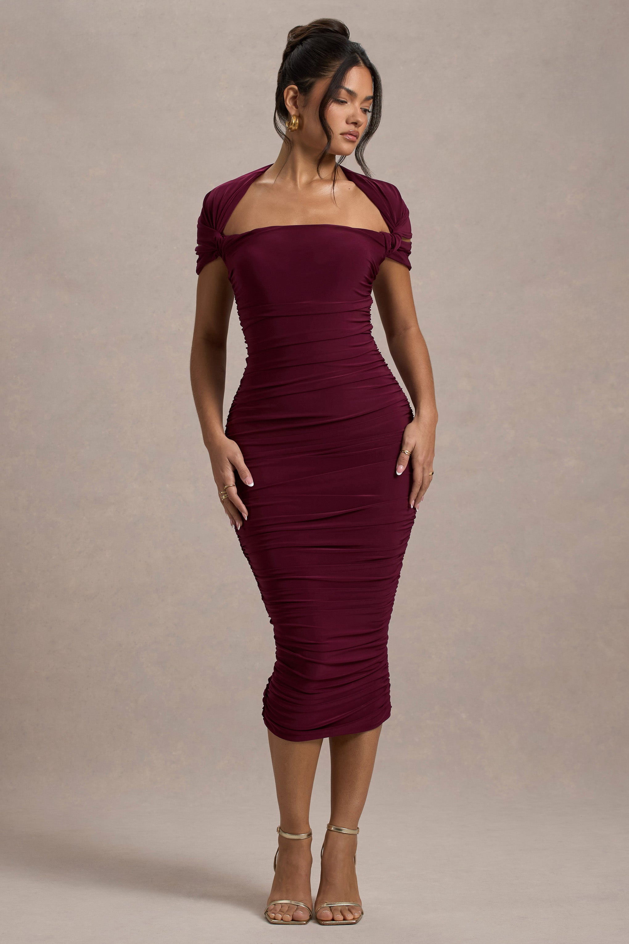 Burgundy Ruched Short-Sleeve Midi Dress