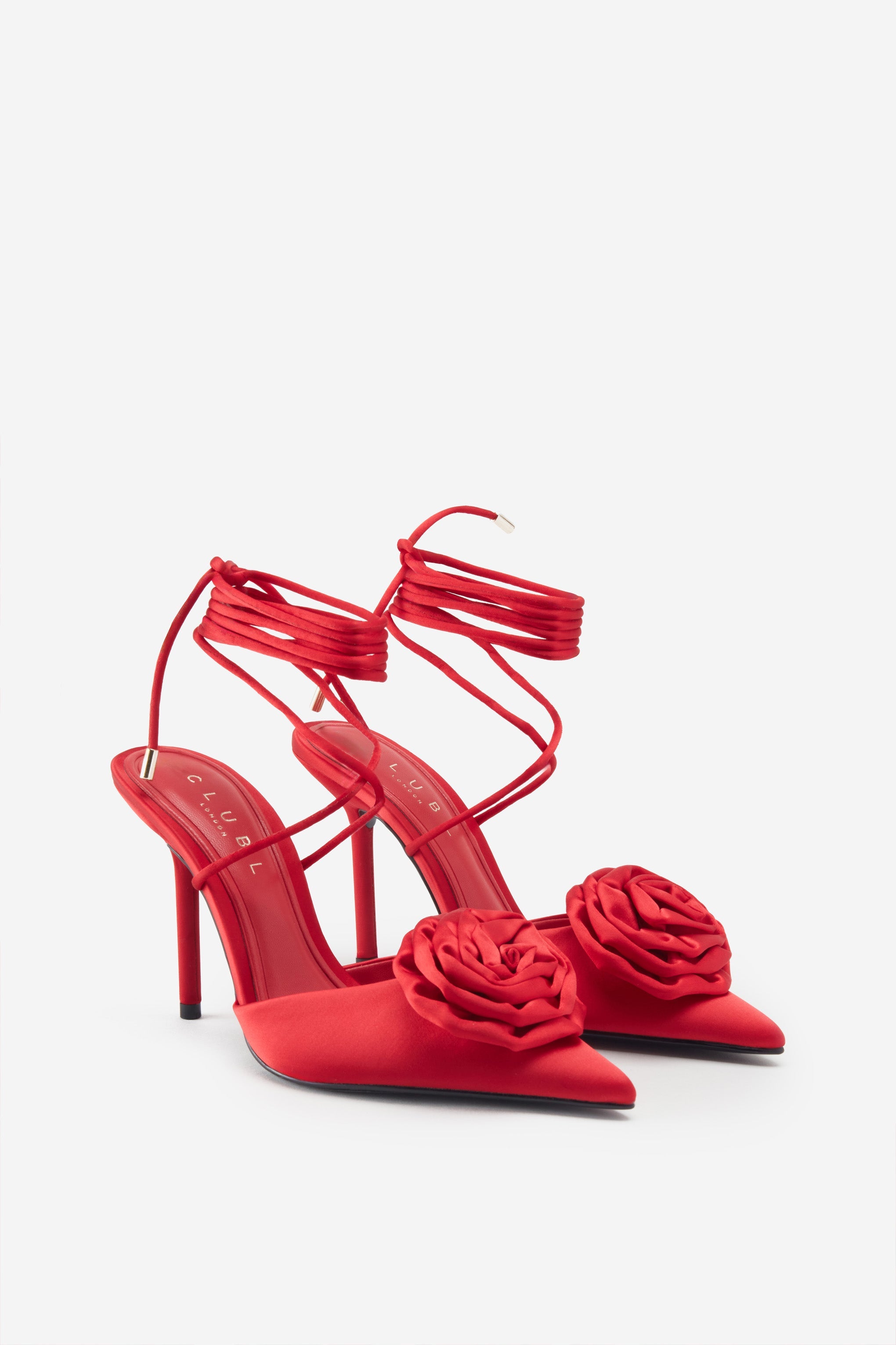 Clearly Red Satin Lace-Up Stiletto Heels With Flowers-Babyboo Dress Store. All Rights Reserved.