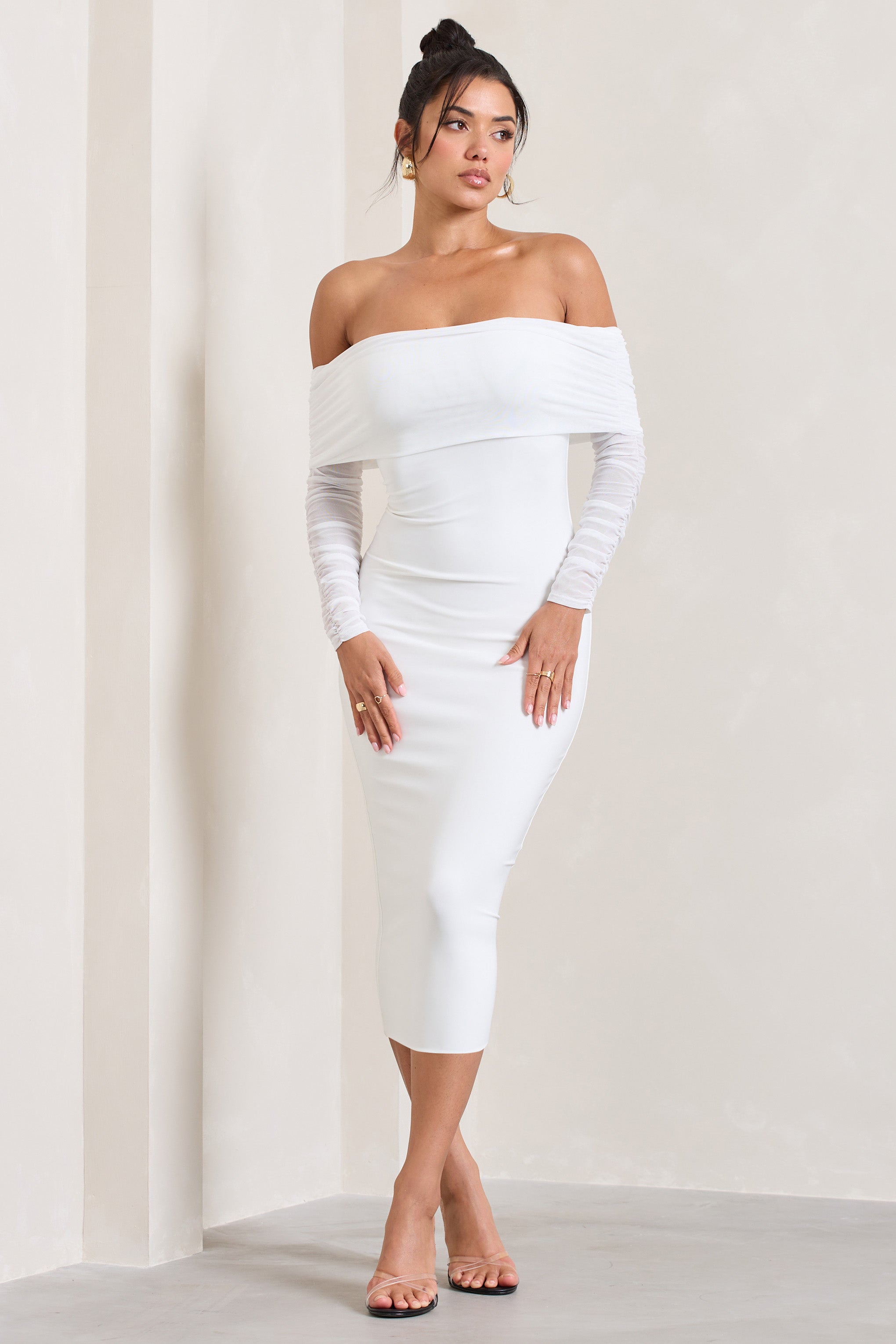 Only You Ivory Ruched Mesh Bardot Midi Dress-Babyboo Dress Store. All Rights Reserved.