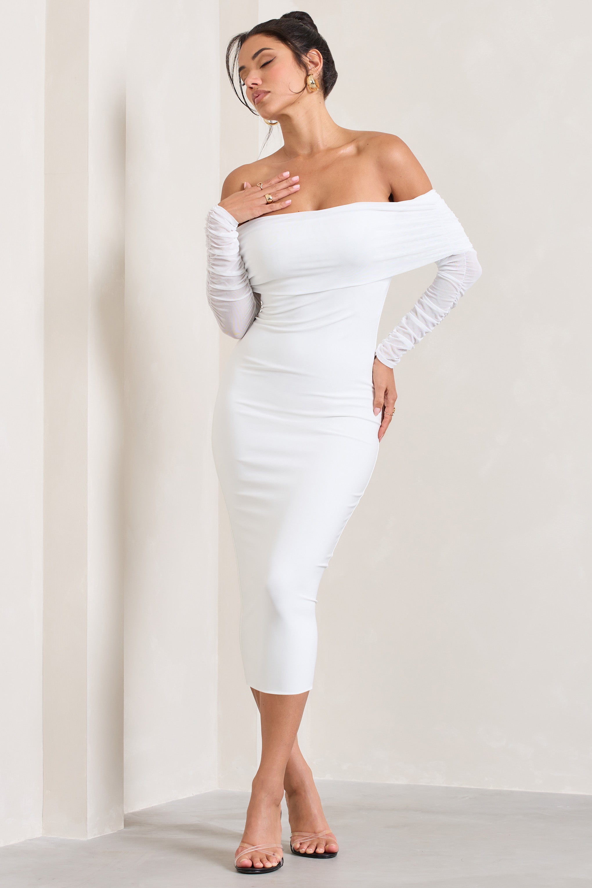 Only You Ivory Ruched Mesh Bardot Midi Dress-Babyboo Dress Store. All Rights Reserved.