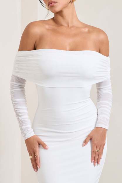 Only You Ivory Ruched Mesh Bardot Midi Dress-Babyboo Dress Store. All Rights Reserved.