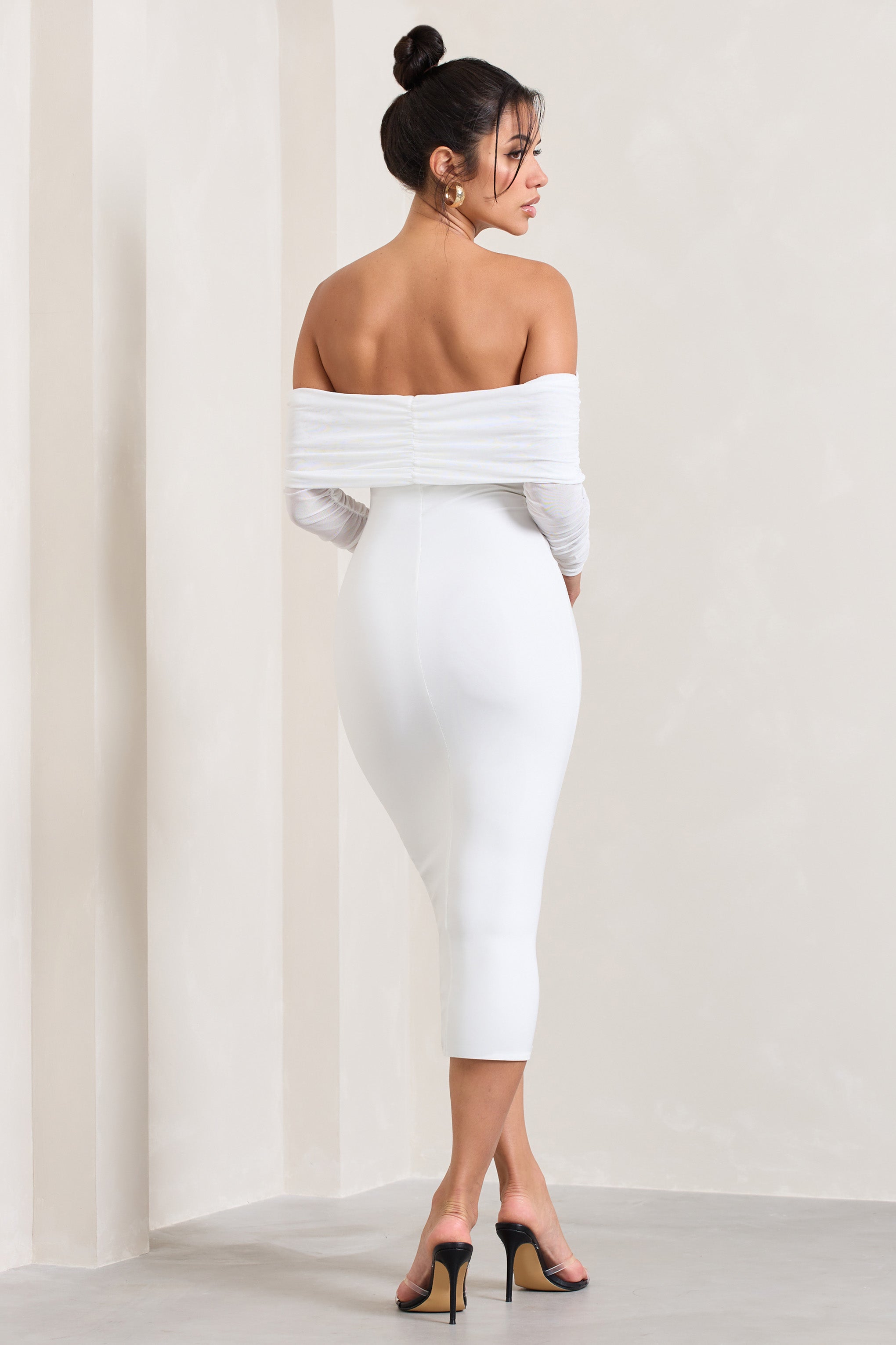 Only You Ivory Ruched Mesh Bardot Midi Dress-Babyboo Dress Store. All Rights Reserved.