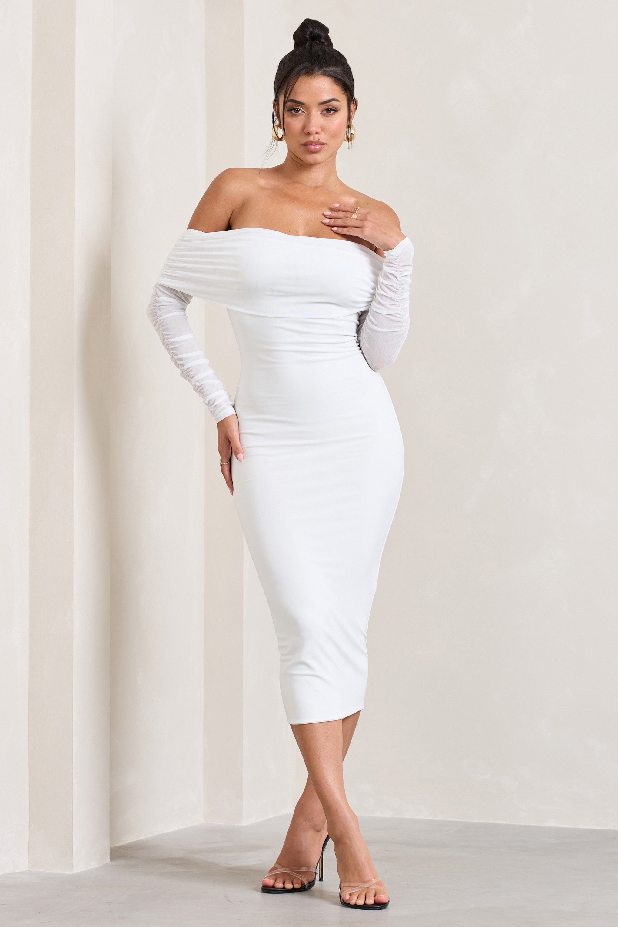 Only You Ivory Ruched Mesh Bardot Midi Dress-Babyboo Dress Store. All Rights Reserved.