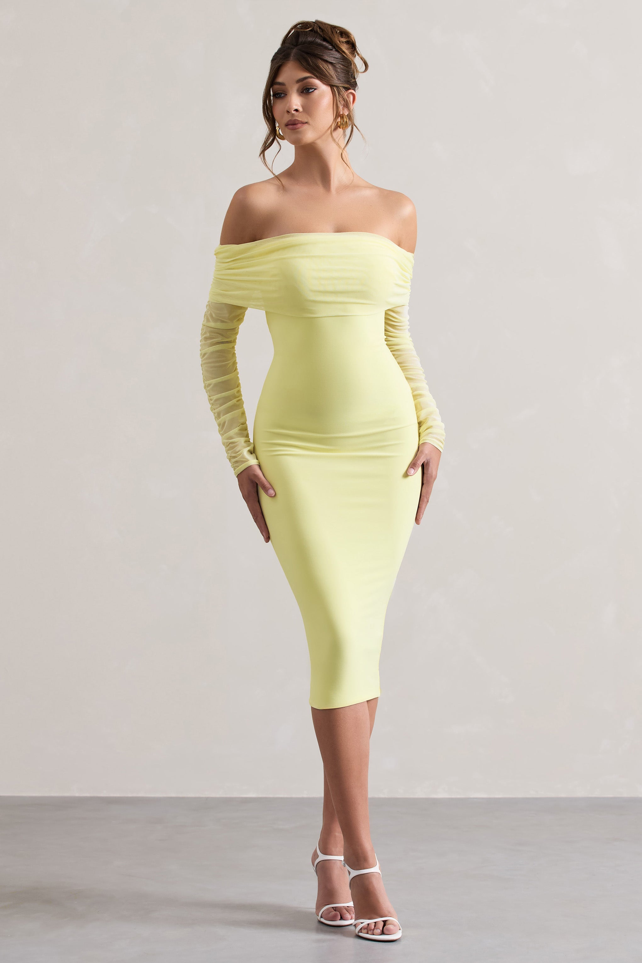 Only You Lemon Ruched Mesh Bardot Midi Dress-Babyboo Dress Store. All Rights Reserved.