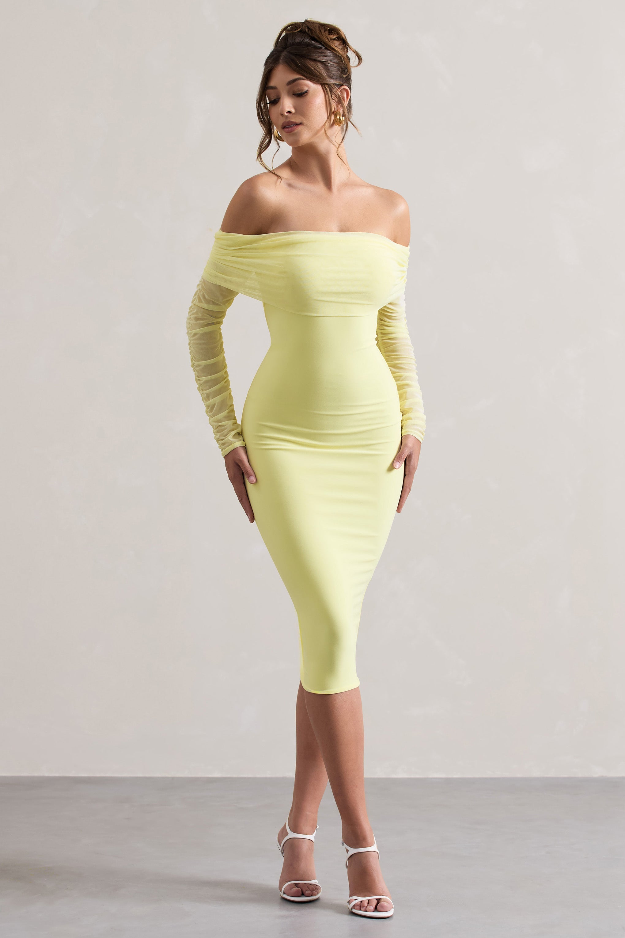 Only You Lemon Ruched Mesh Bardot Midi Dress-Babyboo Dress Store. All Rights Reserved.