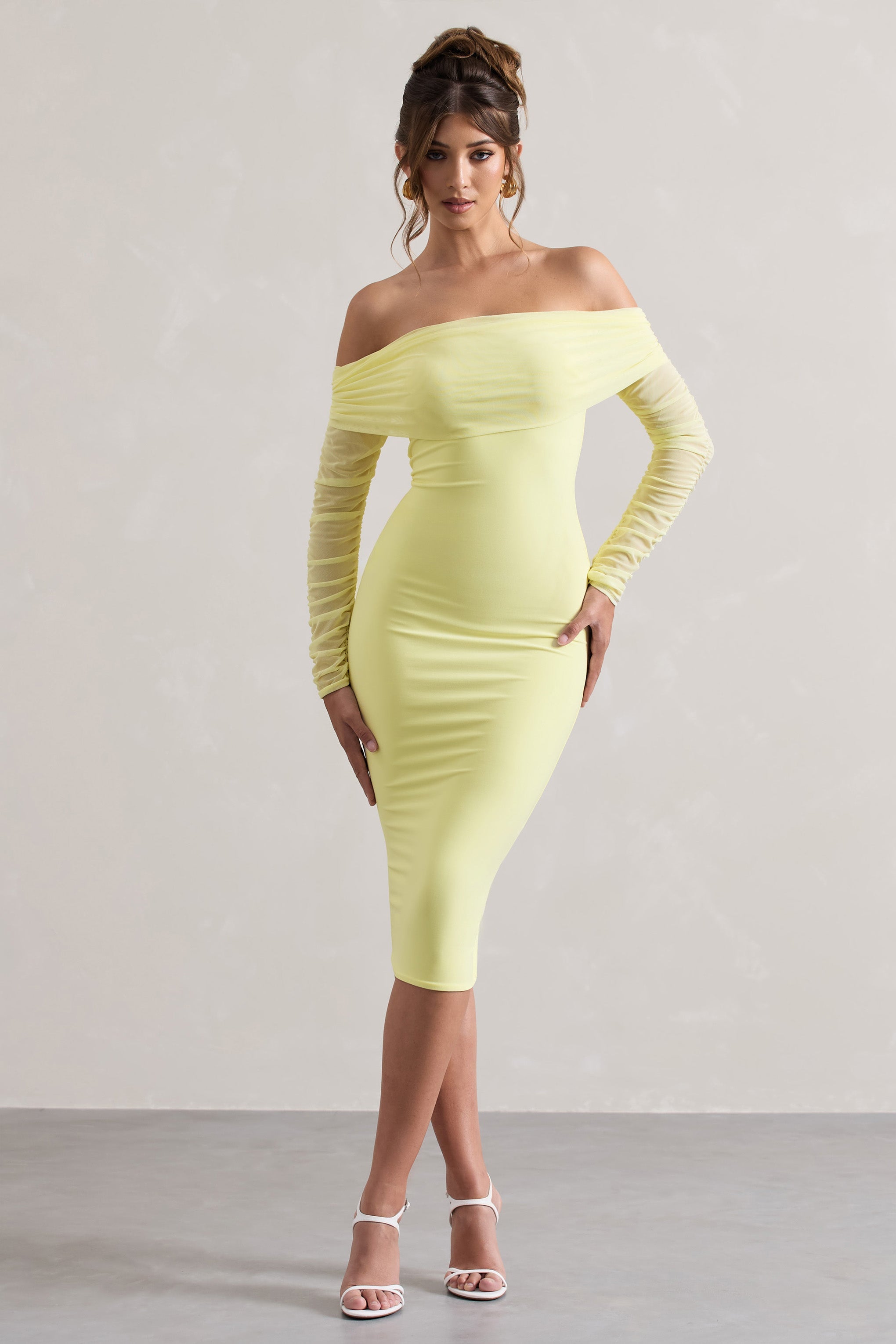 Only You Lemon Ruched Mesh Bardot Midi Dress-Babyboo Dress Store. All Rights Reserved.