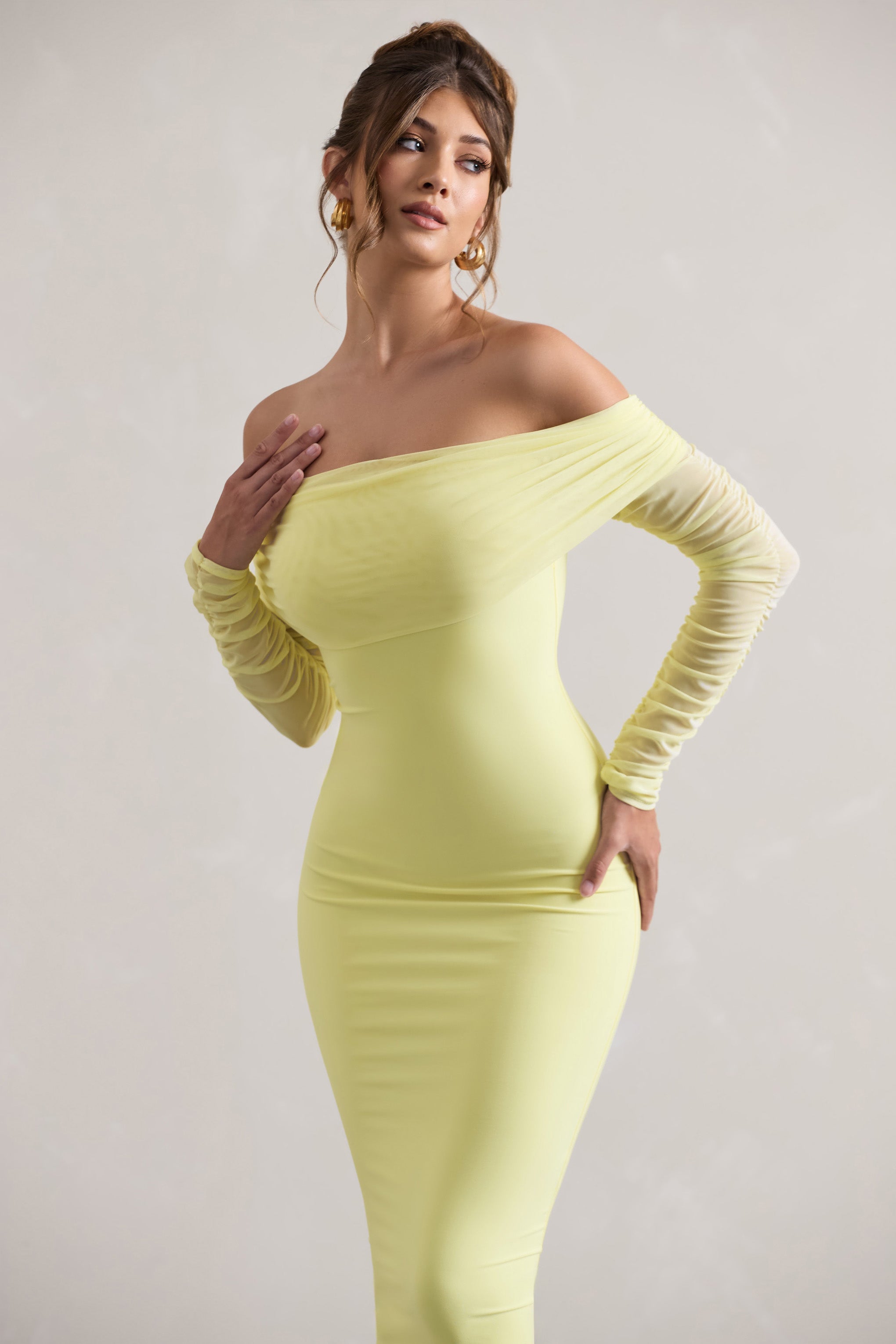 Only You Lemon Ruched Mesh Bardot Midi Dress-Babyboo Dress Store. All Rights Reserved.