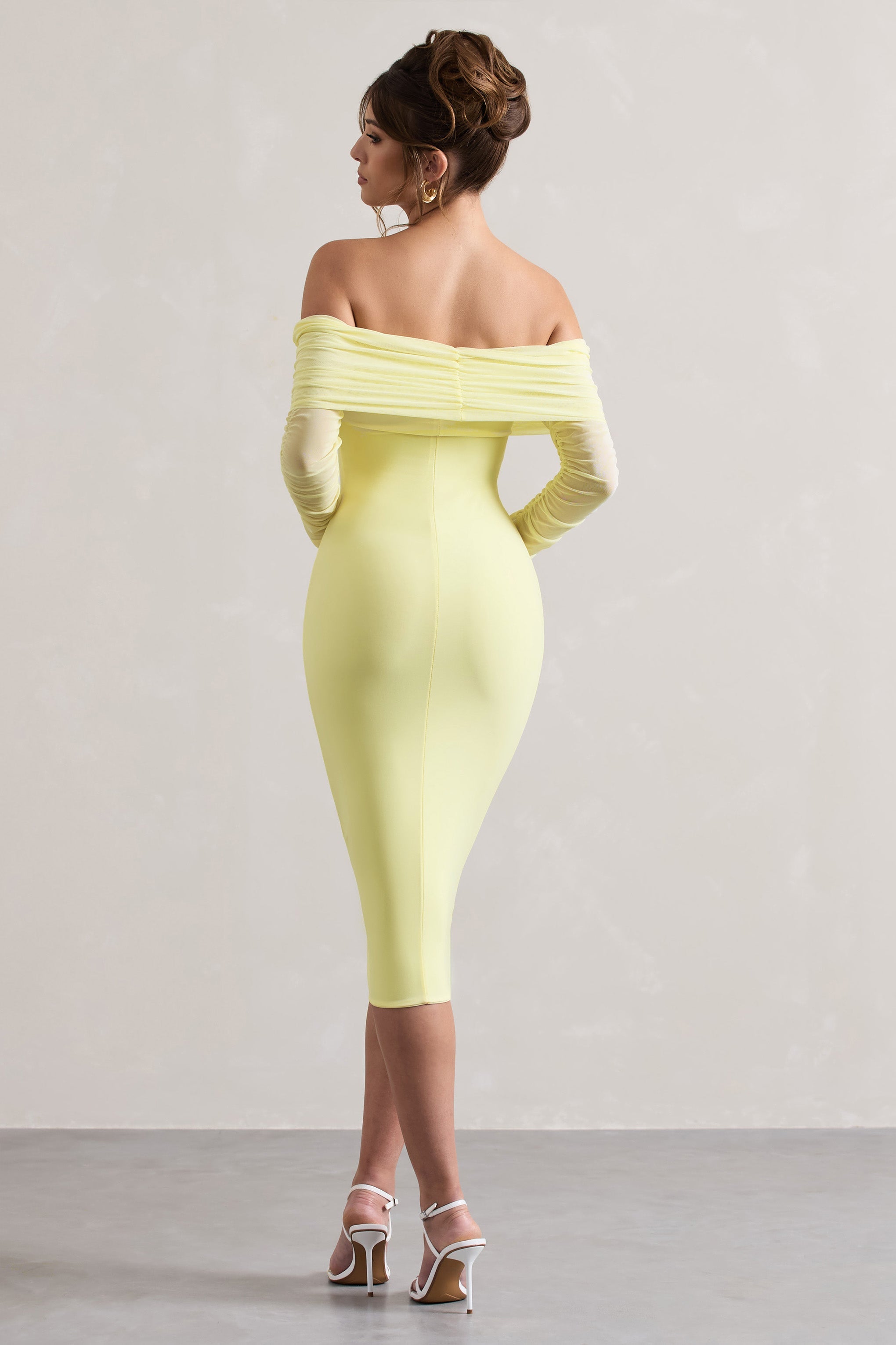 Only You Lemon Ruched Mesh Bardot Midi Dress-Babyboo Dress Store. All Rights Reserved.