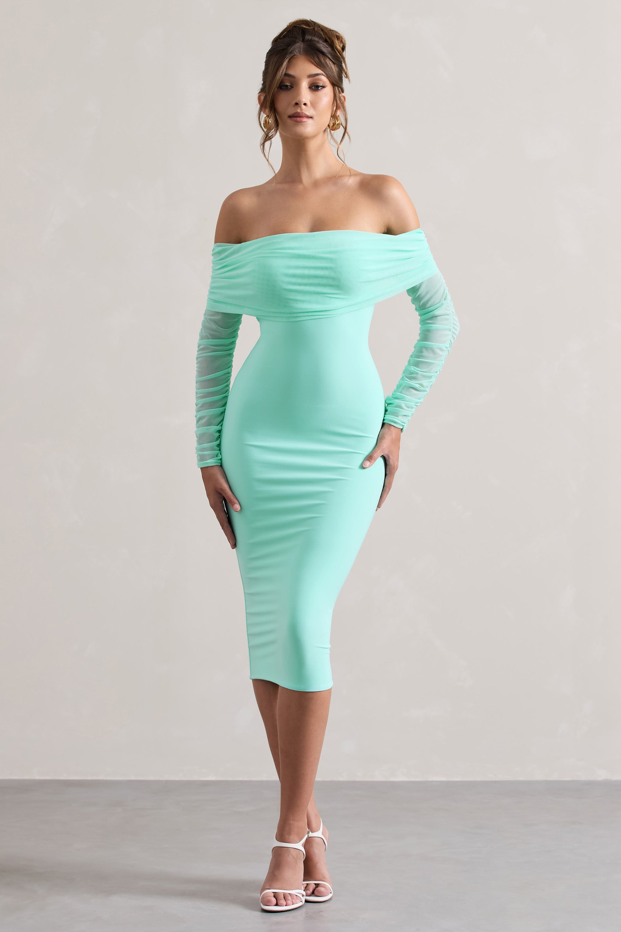 Only You Mint Ruched Mesh Bardot Midi Dress-Babyboo Dress Store. All Rights Reserved.