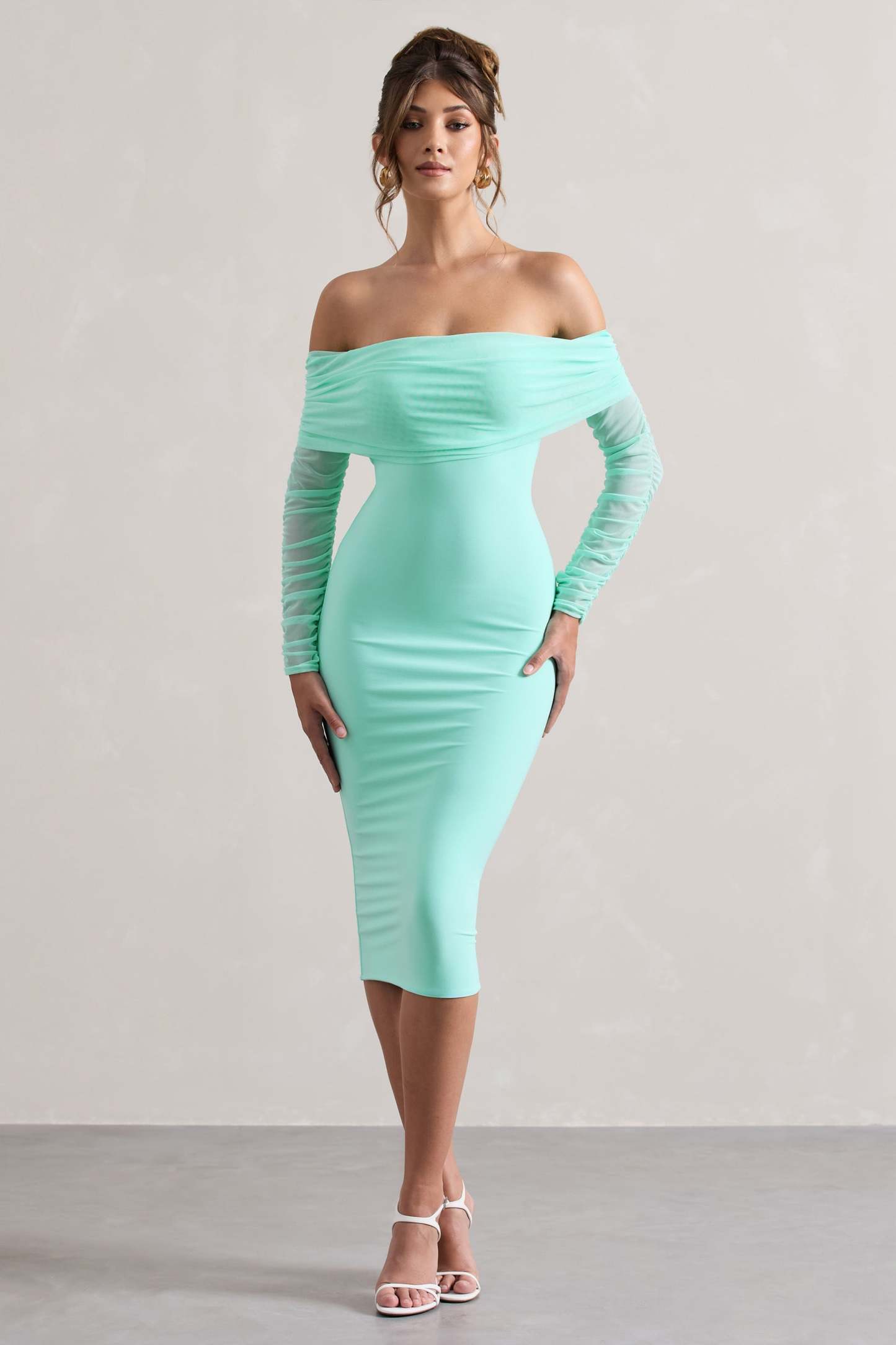 Only You Mint Ruched Mesh Bardot Midi Dress-Babyboo Dress Store. All Rights Reserved.