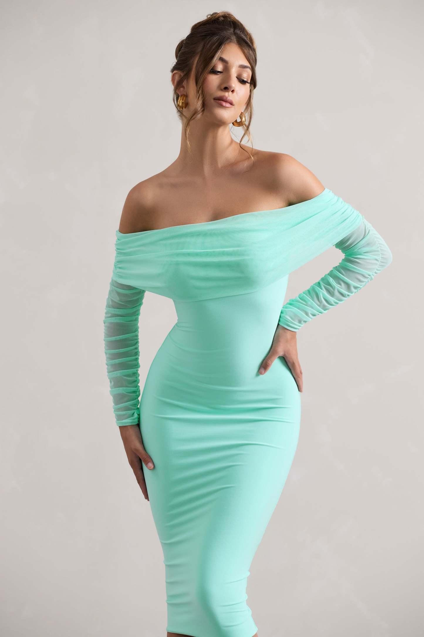 Only You Mint Ruched Mesh Bardot Midi Dress-Babyboo Dress Store. All Rights Reserved.