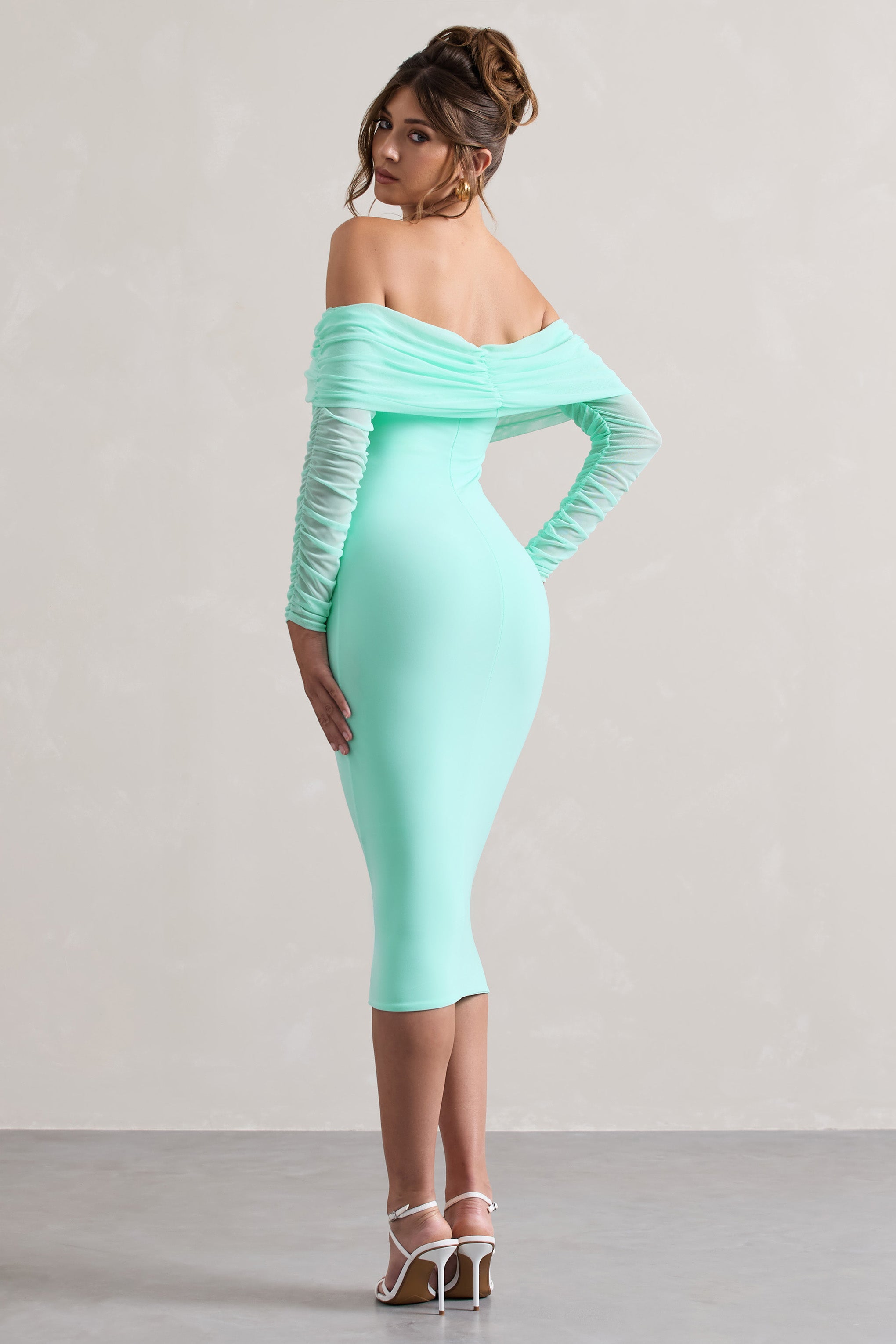 Only You Mint Ruched Mesh Bardot Midi Dress-Babyboo Dress Store. All Rights Reserved.