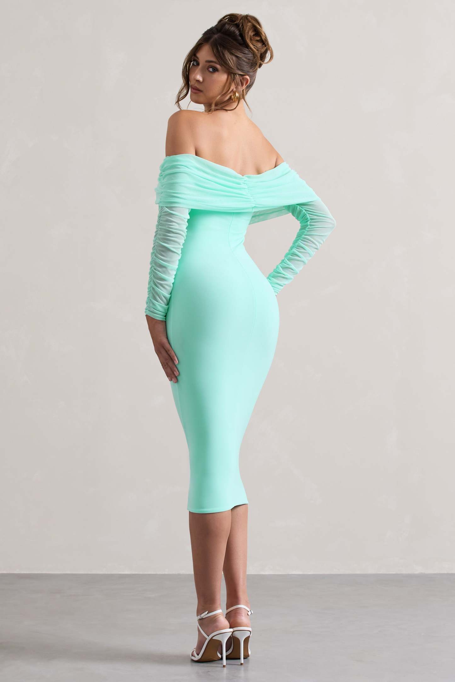 Only You Mint Ruched Mesh Bardot Midi Dress-Babyboo Dress Store. All Rights Reserved.